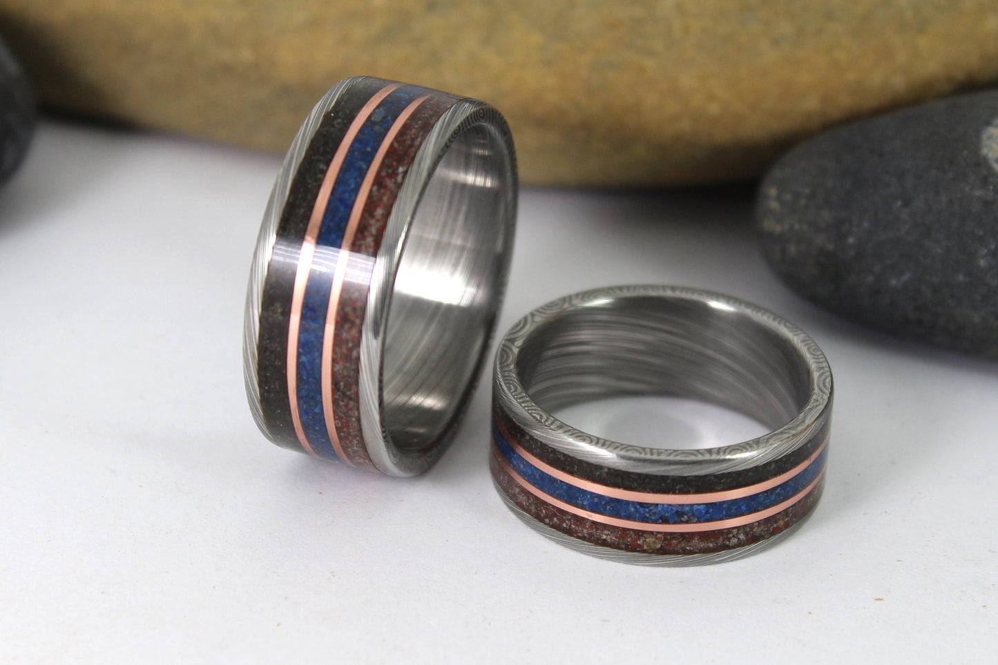 Damascus Steel Ring With Meteorite, Dinosaur Bone, Blue Lapis and Copper