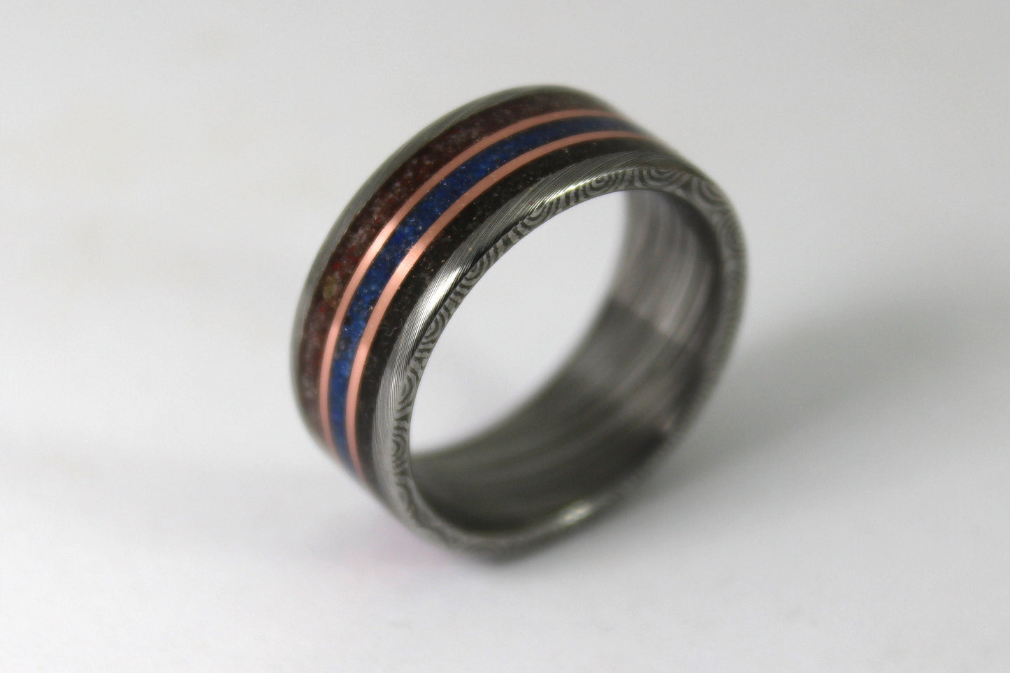 Damascus Steel Ring With Meteorite, Dinosaur Bone, Blue Lapis and Copper