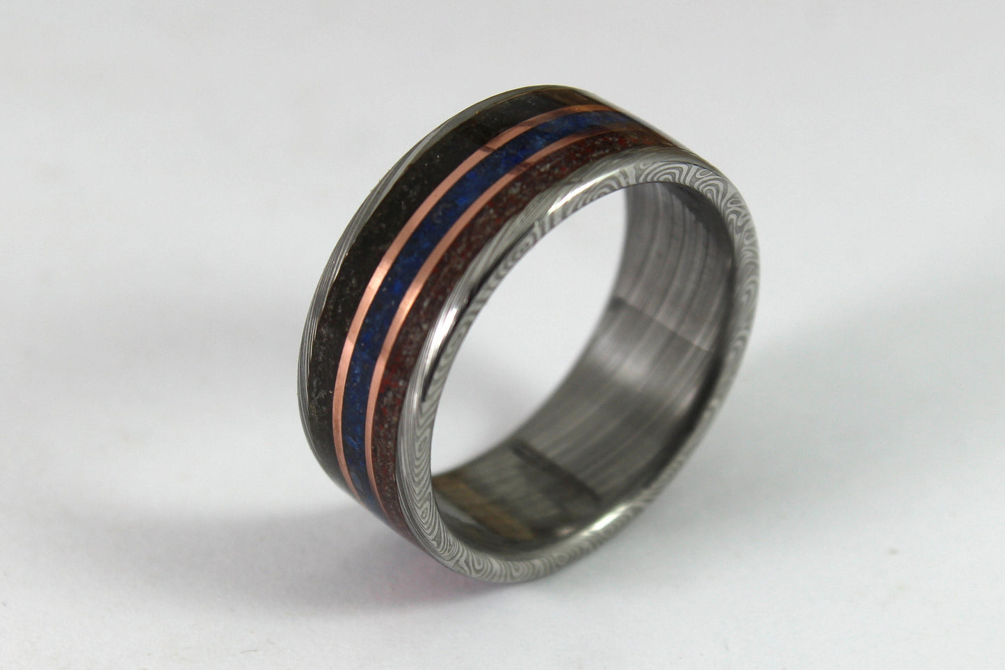 Damascus Steel Ring With Meteorite, Dinosaur Bone, Blue Lapis and Copper