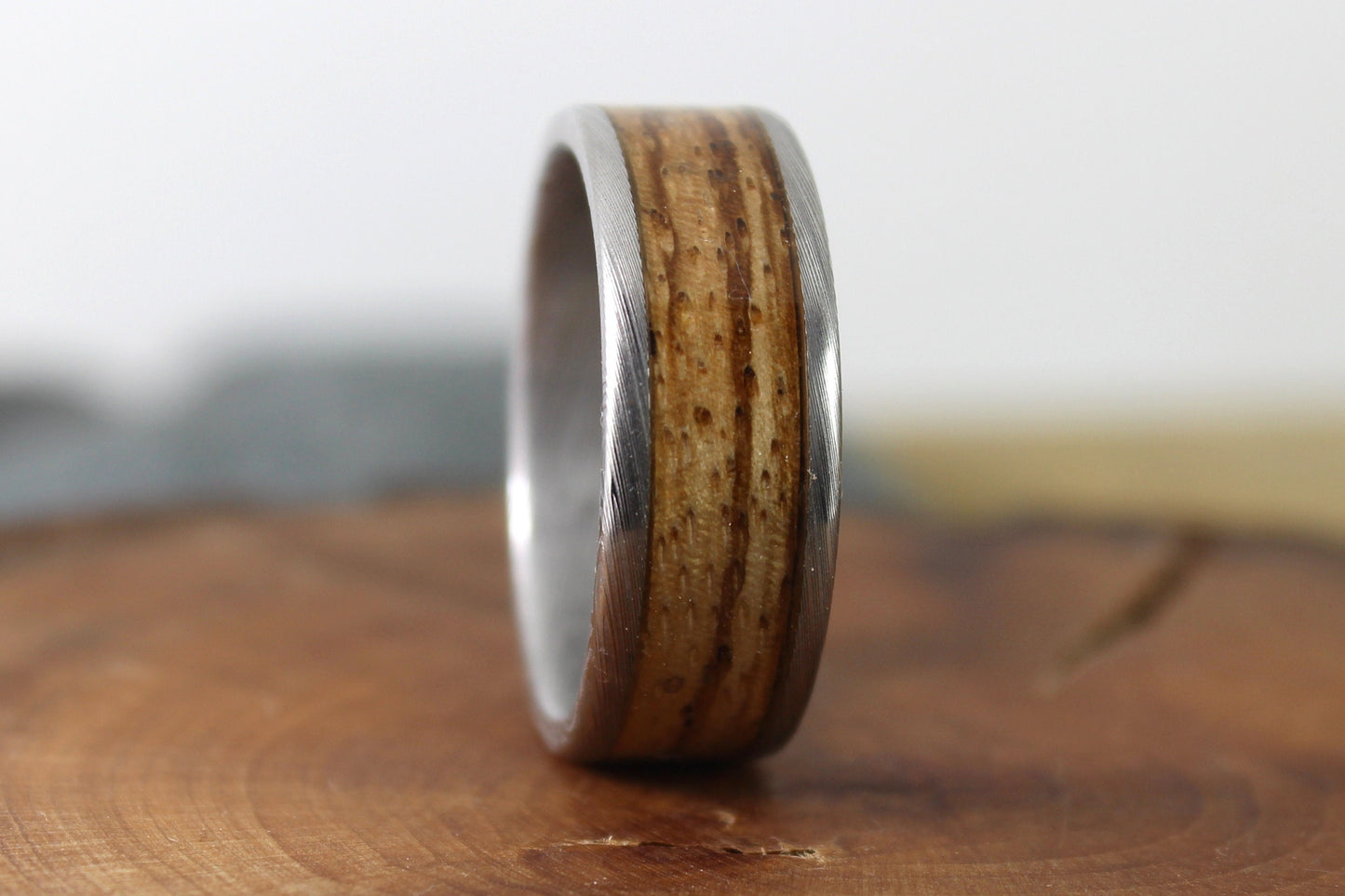 Damascus Steel Ring With Zebrano Wood Inlay
