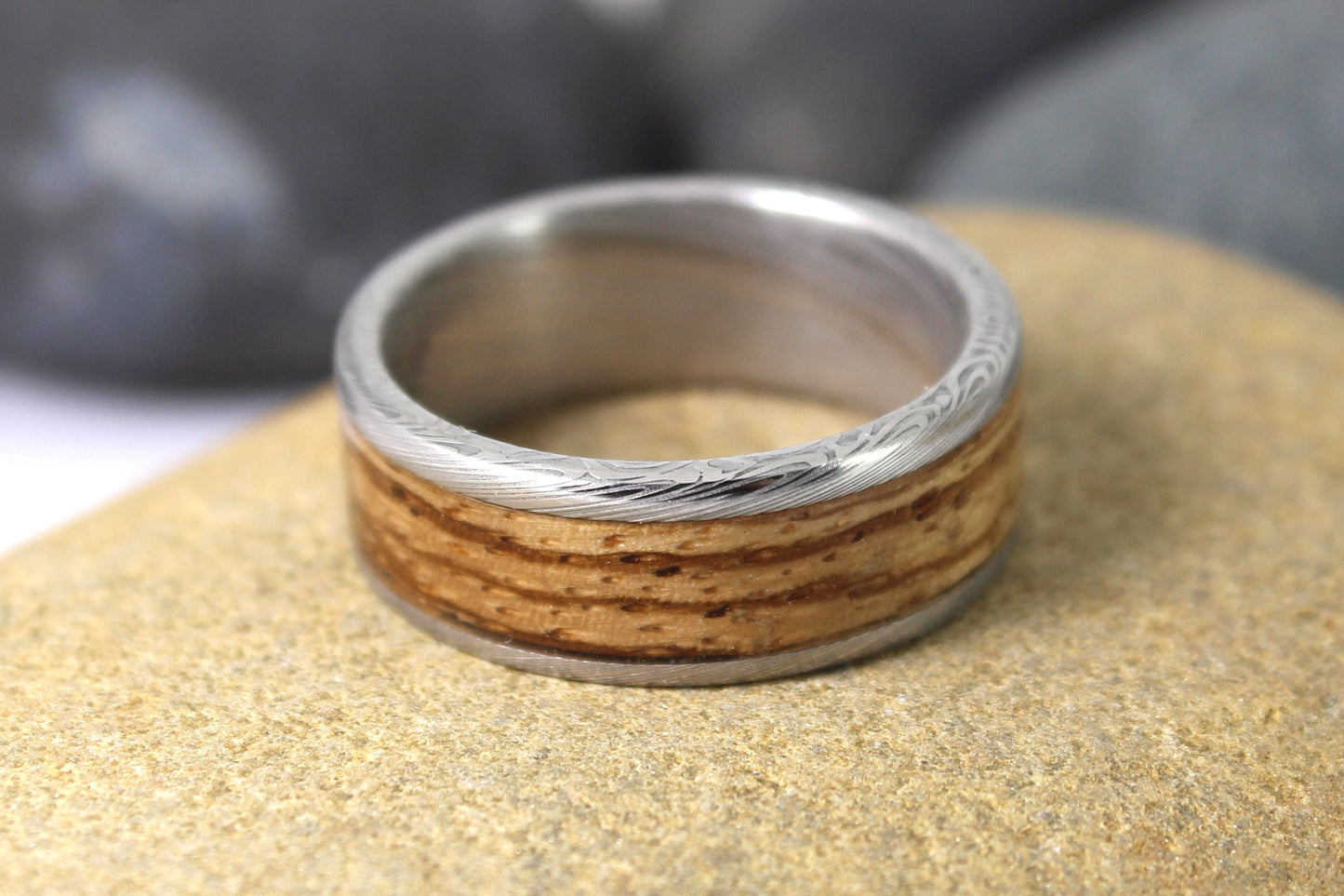 Damascus Steel Ring With Zebrano Wood Inlay