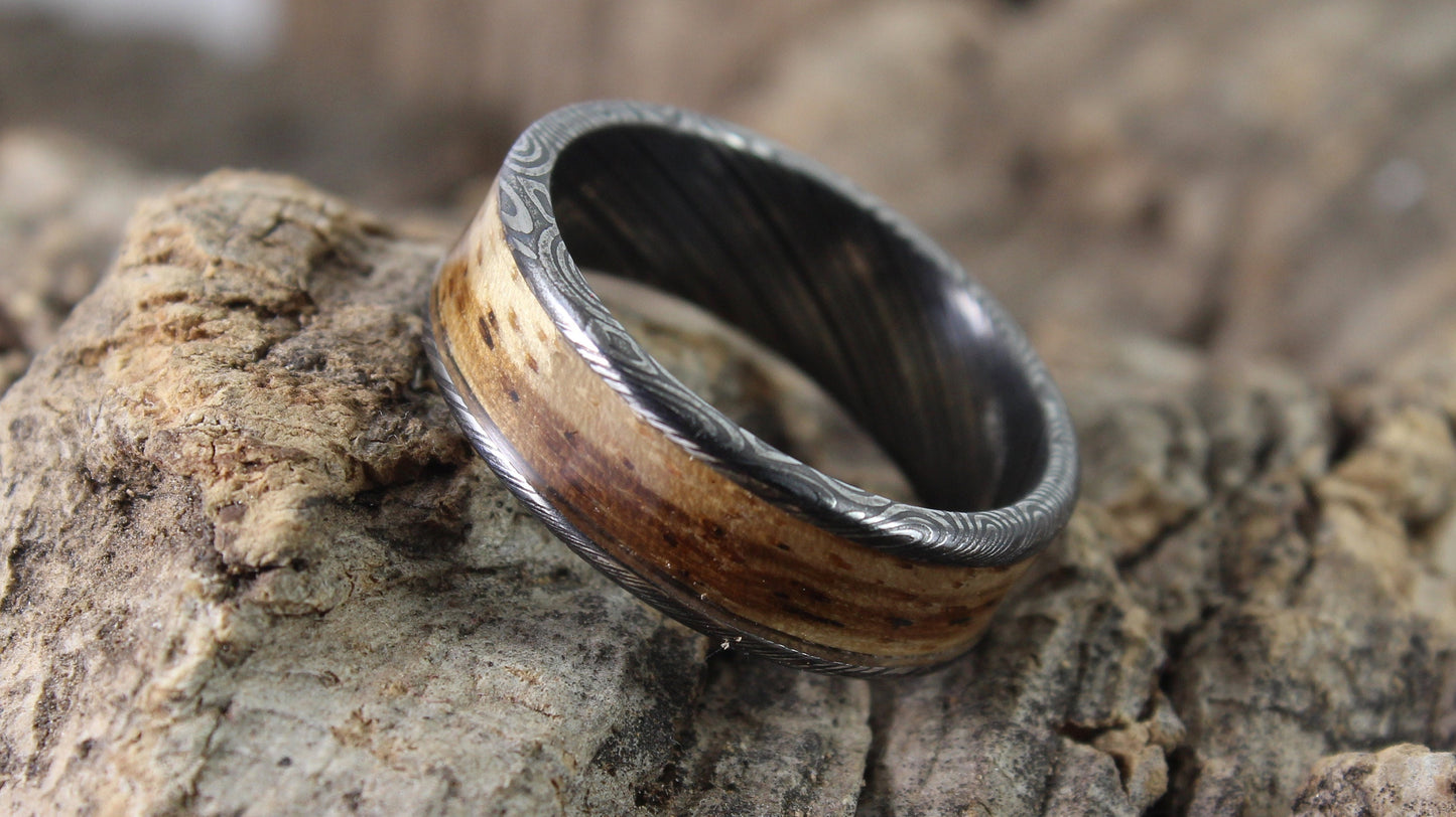 Damascus Steel Ring With Zebrano Wood Inlay