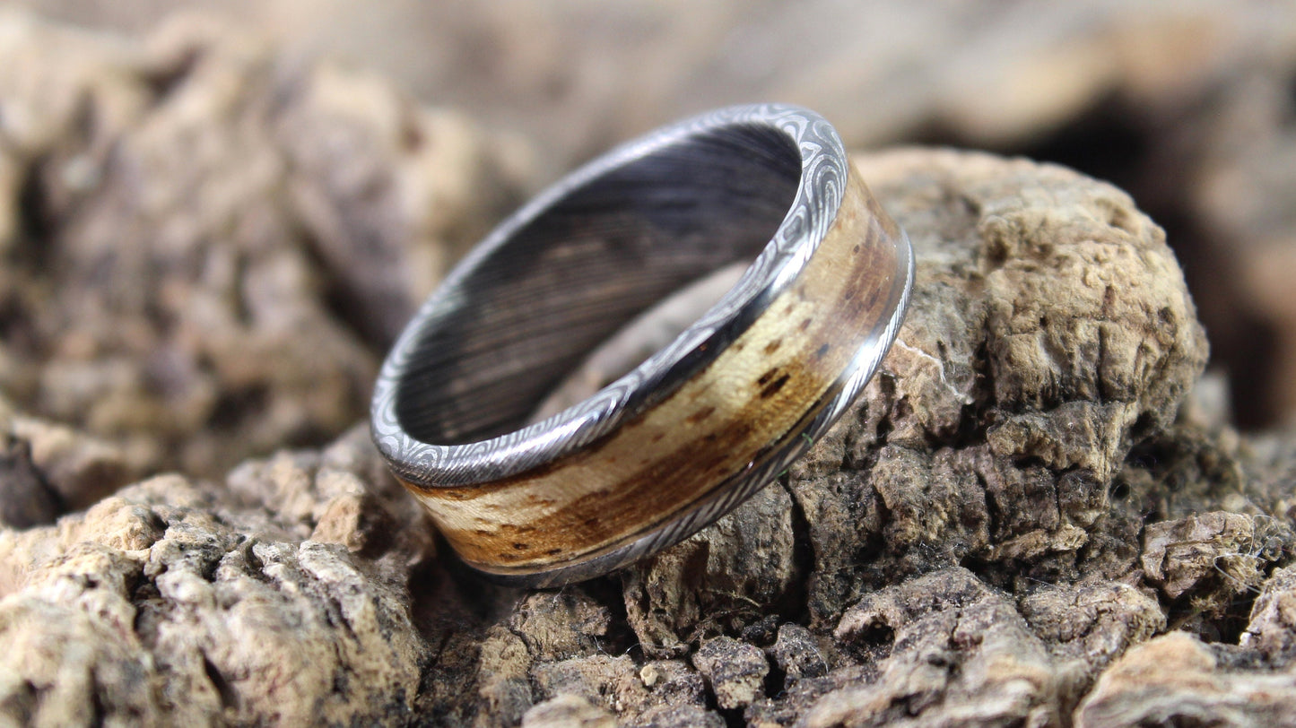 Damascus Steel Ring With Zebrano Wood Inlay