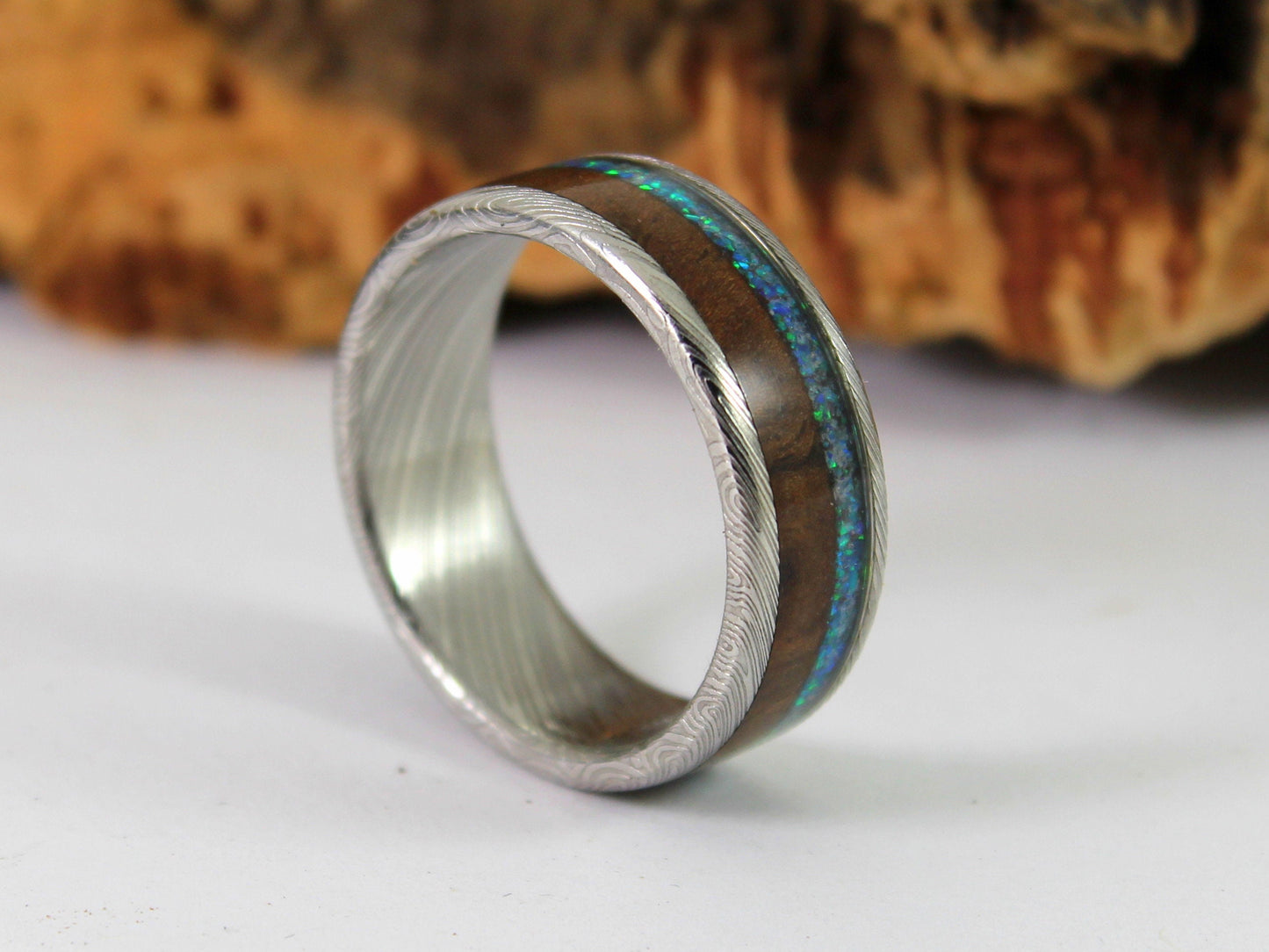Damascus Steel Ring with Walnut and Blue Opal