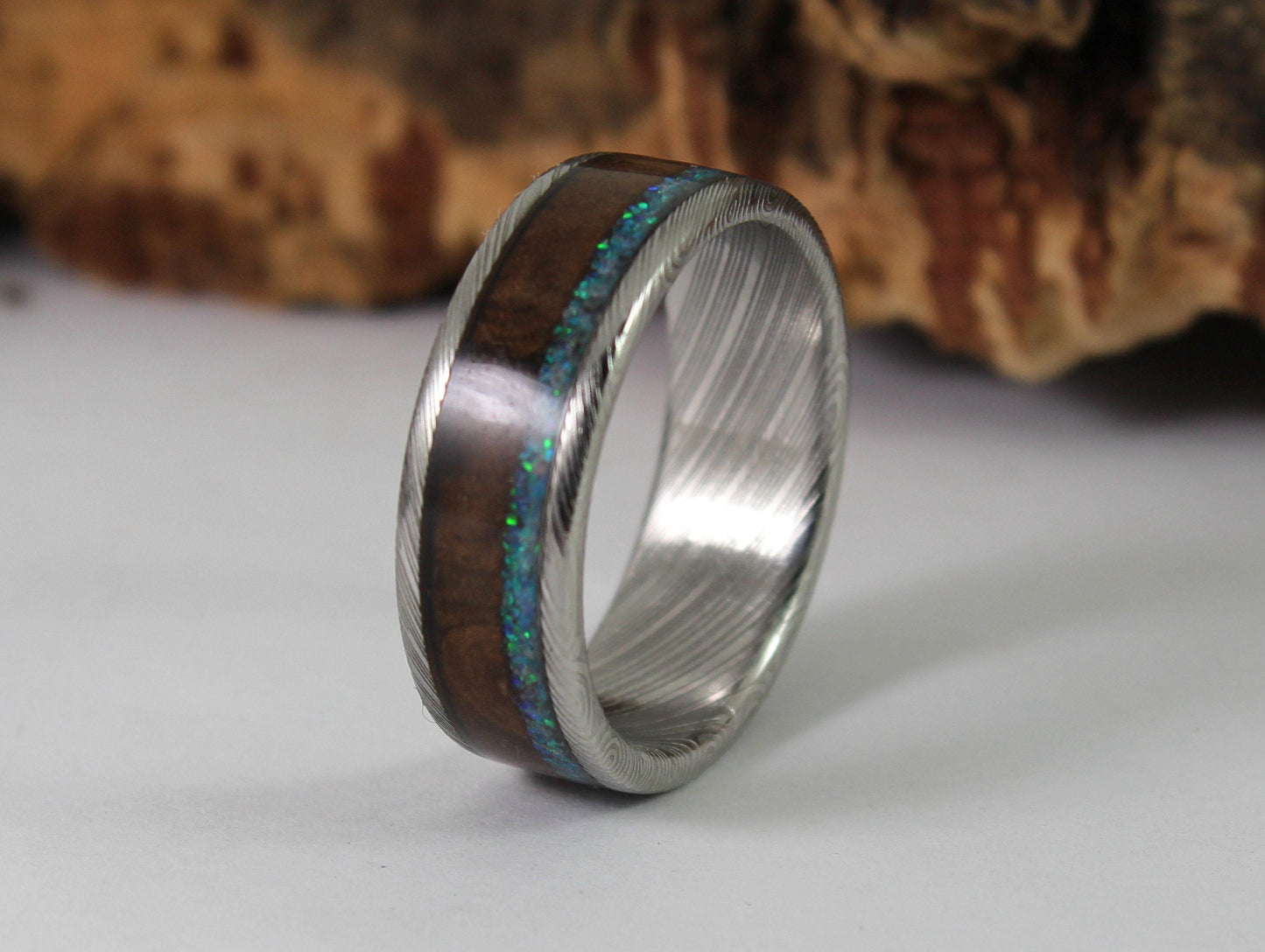 Damascus Steel Ring with Walnut and Blue Opal