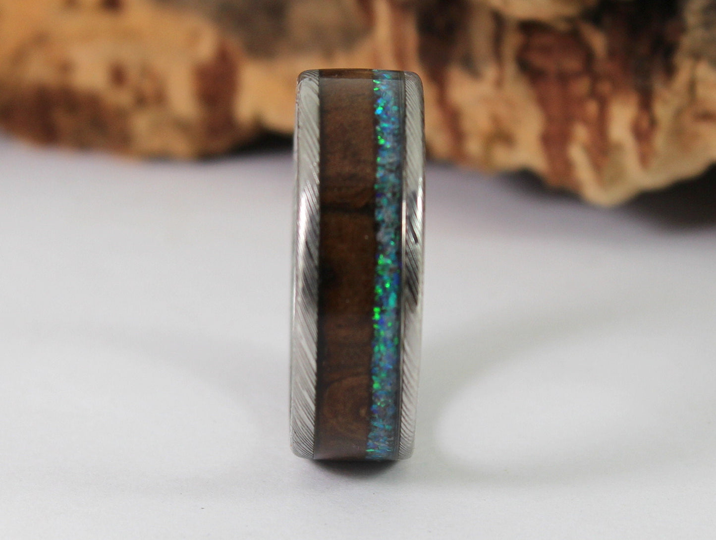 Damascus Steel Ring with Walnut and Blue Opal