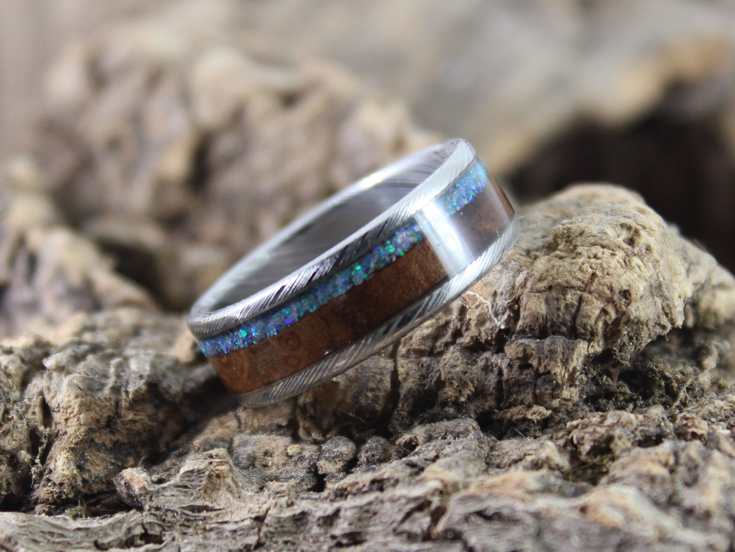 Damascus Steel Ring with Walnut and Blue Opal