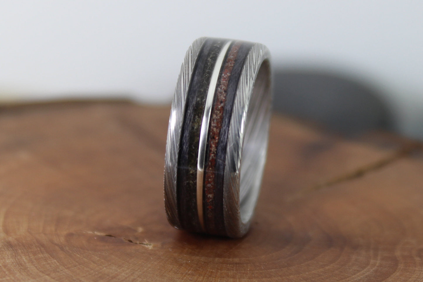 Damascus Steel Ring With Tektite Meteorite, Dinosaur Bone, Grey Maple and Silver