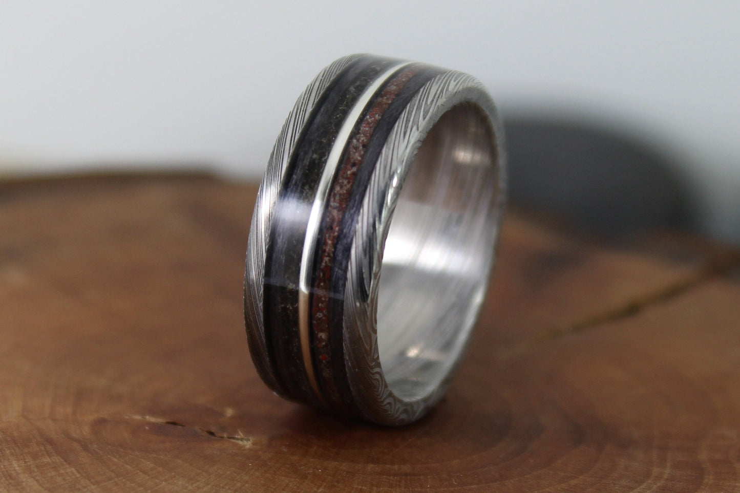 Damascus Steel Ring With Tektite Meteorite, Dinosaur Bone, Grey Maple and Silver