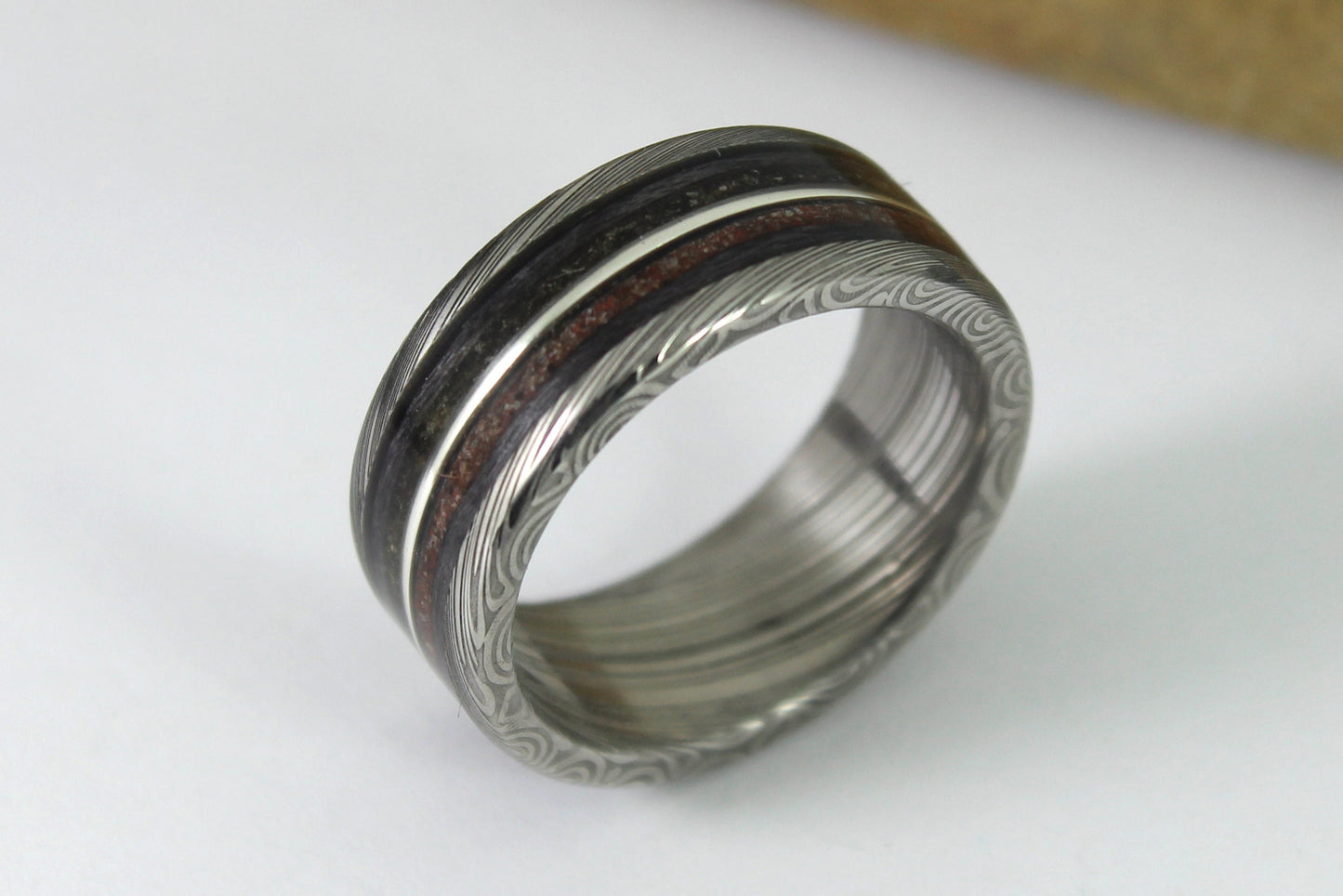 Damascus Steel Ring With Tektite Meteorite, Dinosaur Bone, Grey Maple and Silver