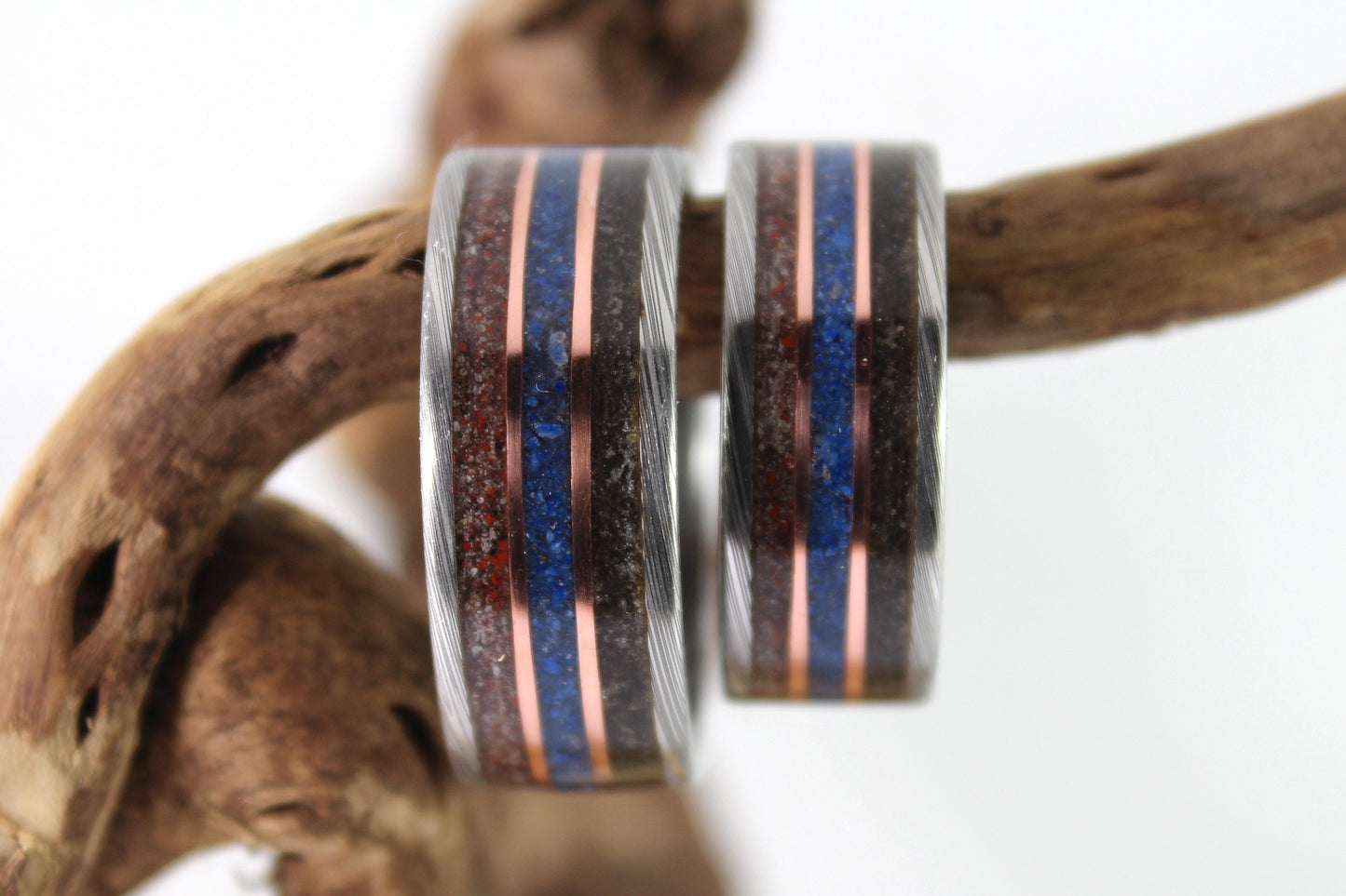 Damascus Steel Ring With Meteorite, Dinosaur Bone, Blue Lapis and Copper