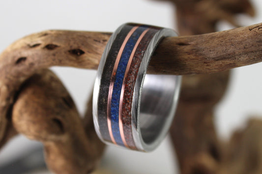 Damascus Steel Ring With Meteorite, Dinosaur Bone, Blue Lapis and Copper