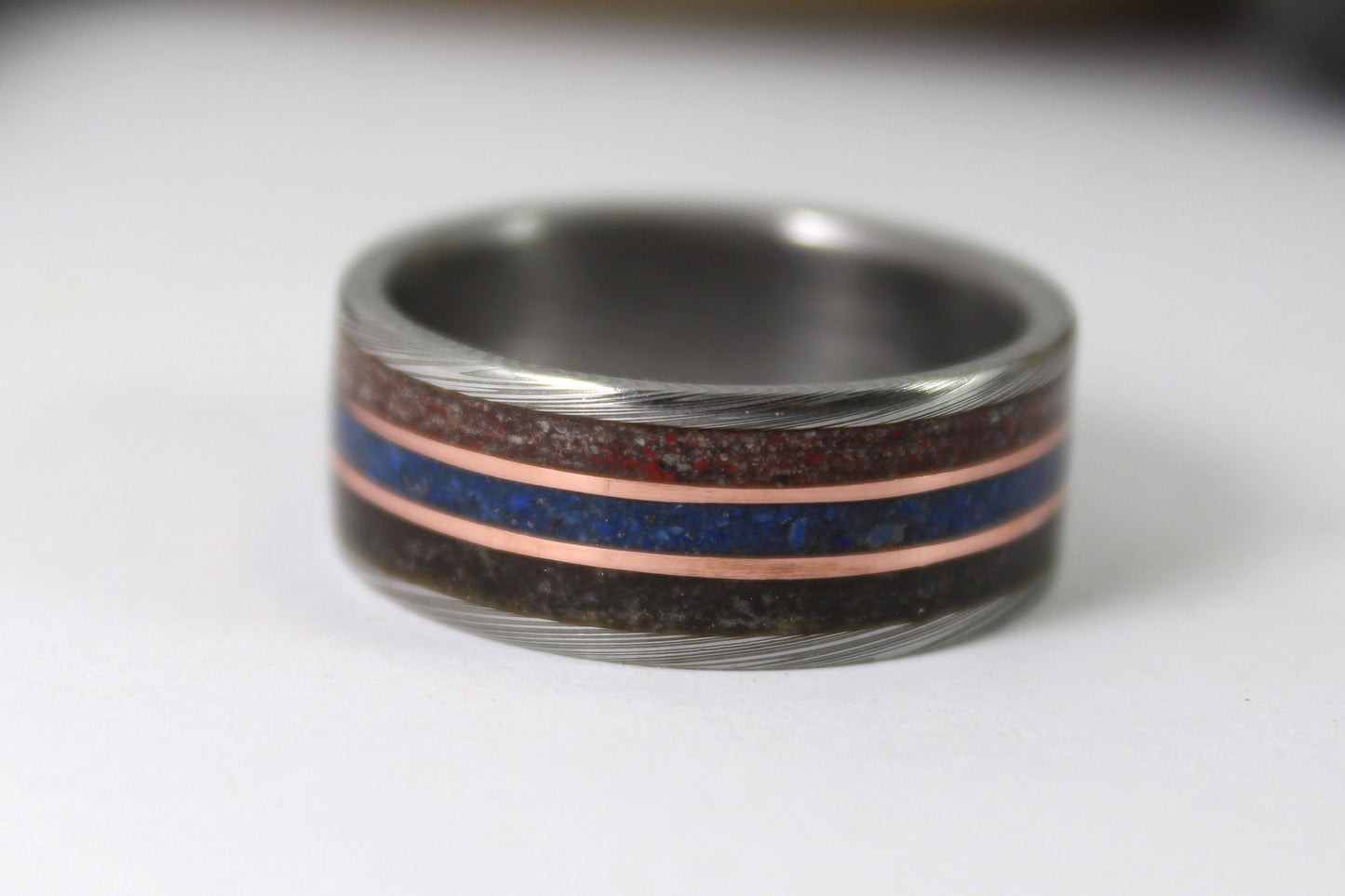 Damascus Steel Ring With Meteorite, Dinosaur Bone, Blue Lapis and Copper