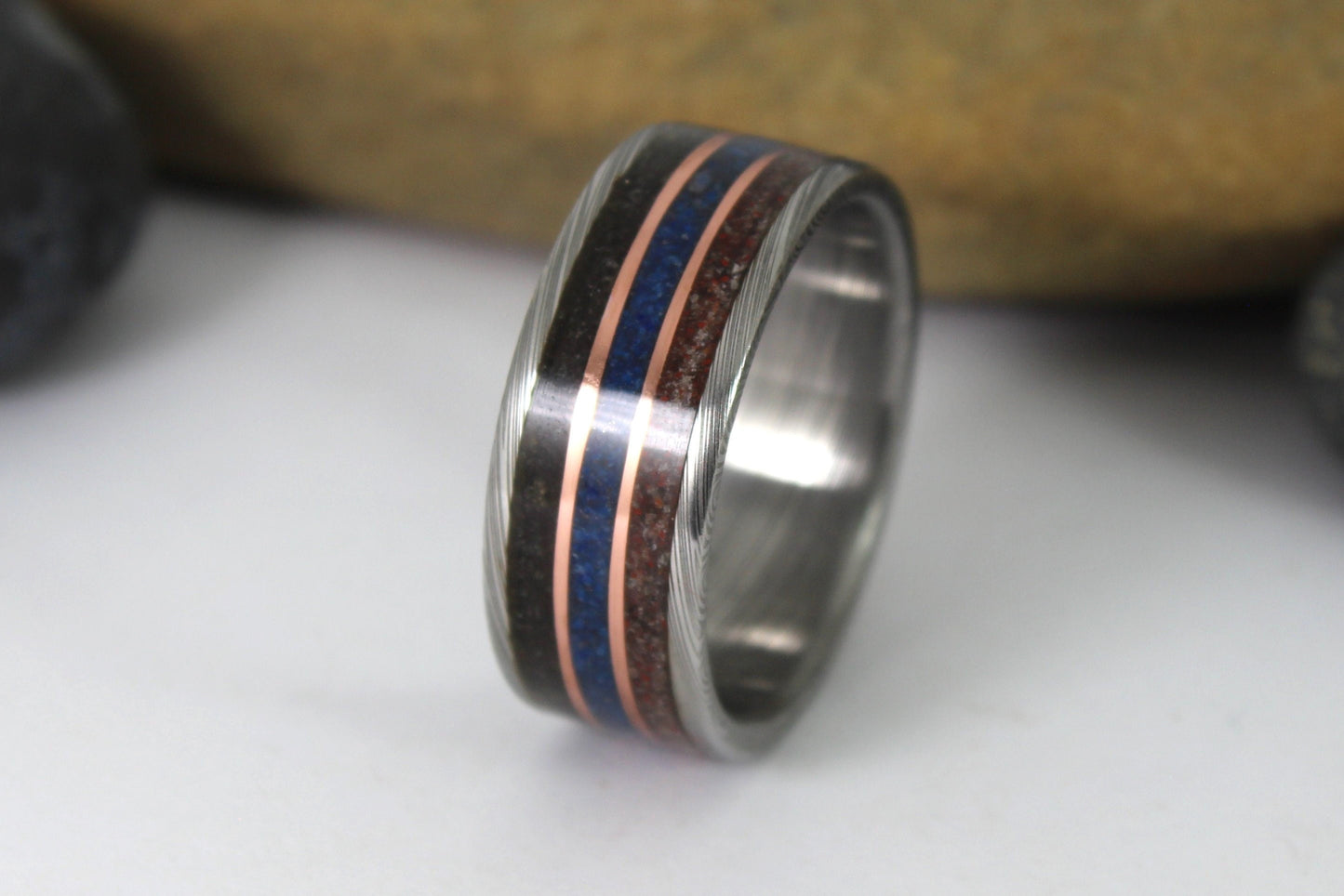 Damascus Steel Ring With Meteorite, Dinosaur Bone, Blue Lapis and Copper