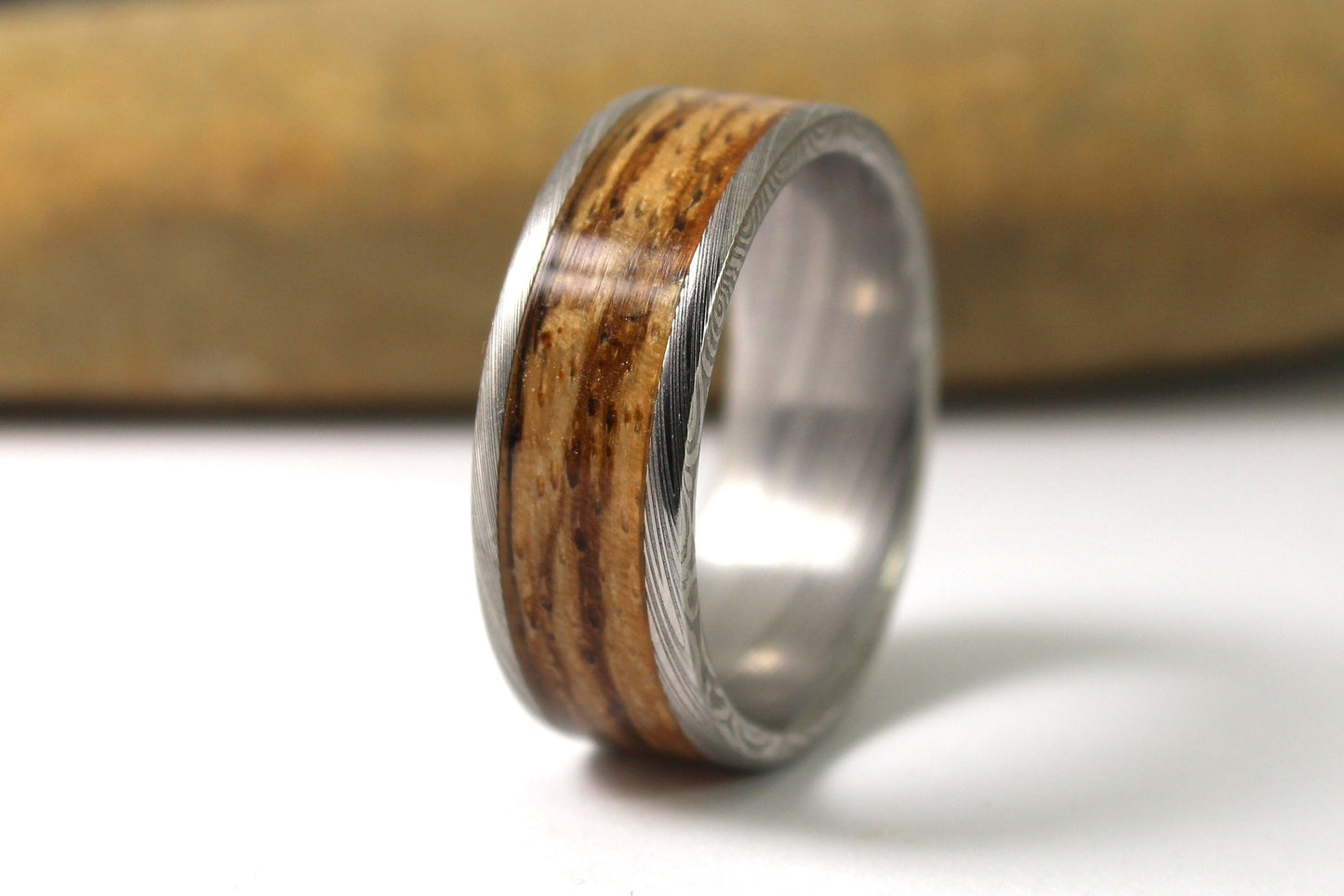 Damascus Steel Ring With Zebrano Wood Inlay