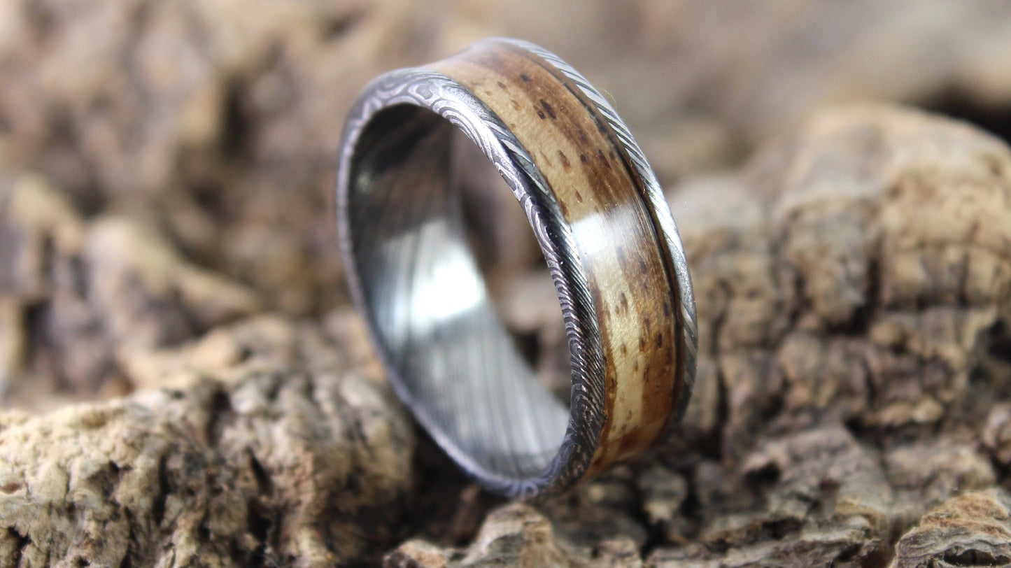 Damascus Steel Ring With Zebrano Wood Inlay
