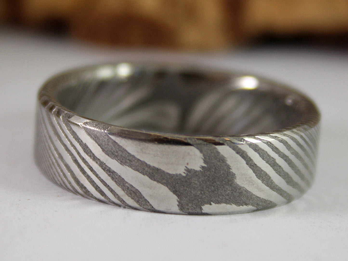 Wood Grain Damascus Steel Ring, Stainless Damascus Wedding Band
