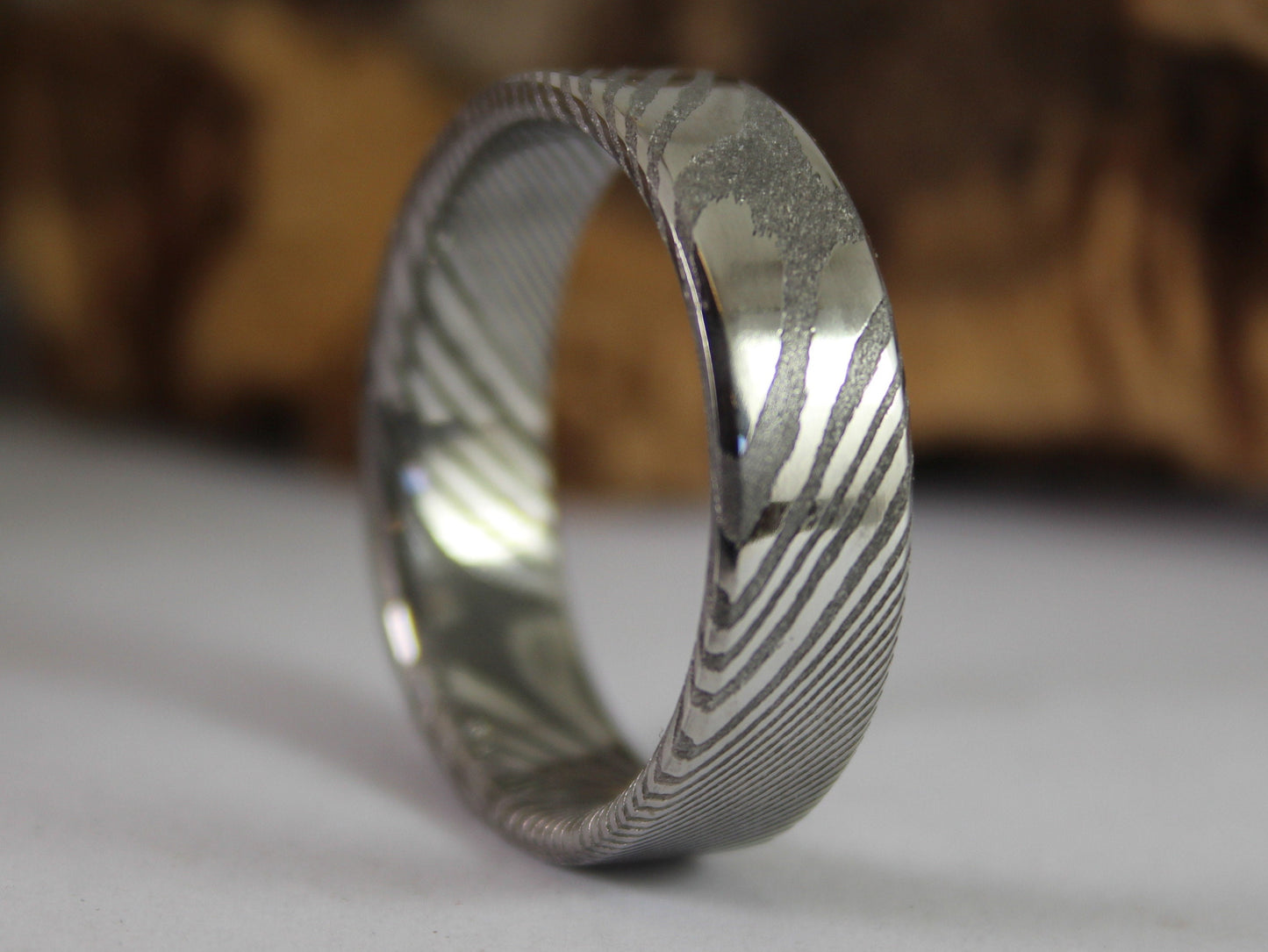 Wood Grain Damascus Steel Ring, Stainless Damascus Wedding Band