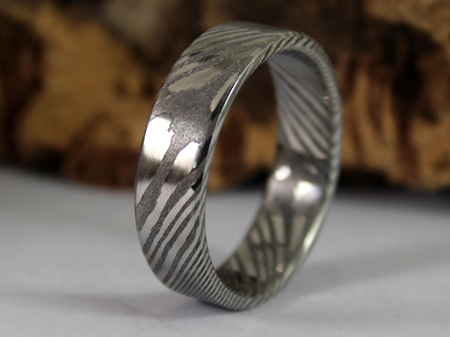 Wood Grain Damascus Steel Ring, Stainless Damascus Wedding Band