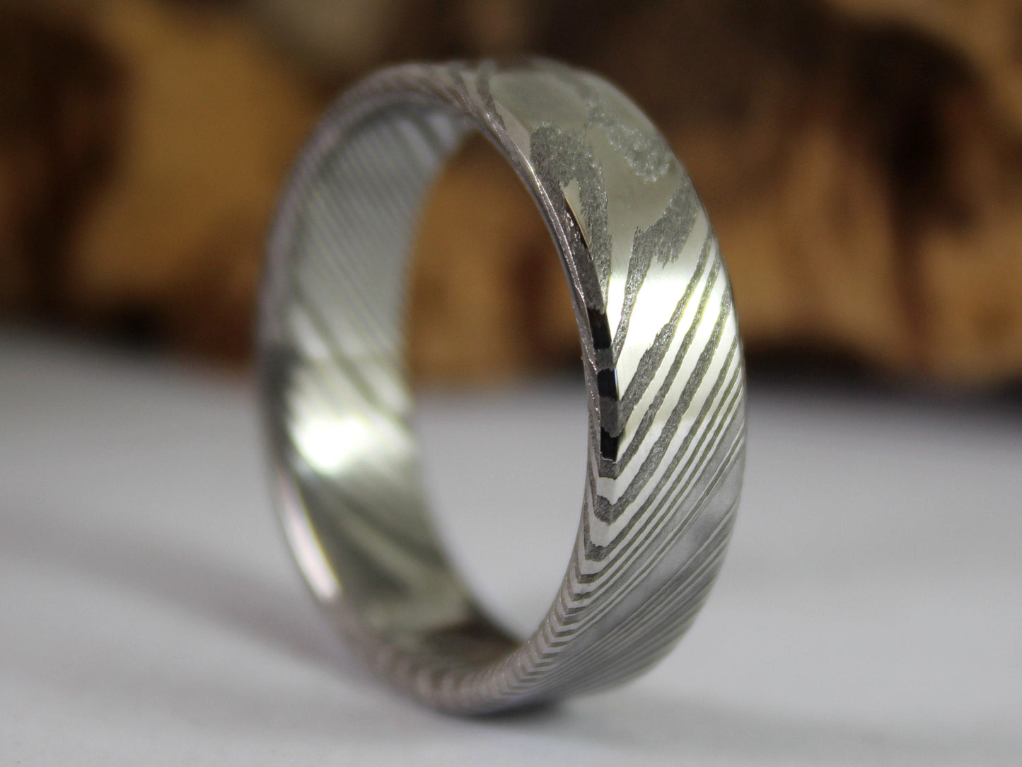 Wood Grain Damascus Steel Ring, Stainless Damascus Wedding Band