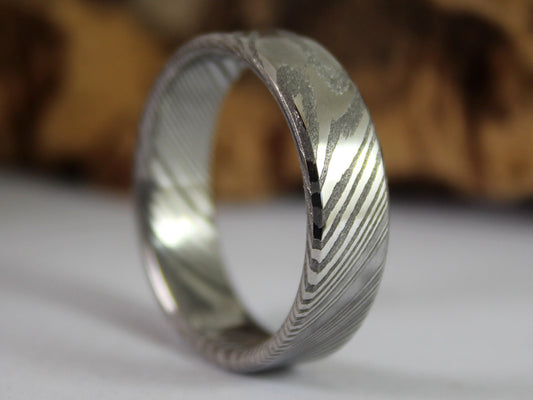 Wood Grain Damascus Steel Ring, Stainless Damascus Wedding Band