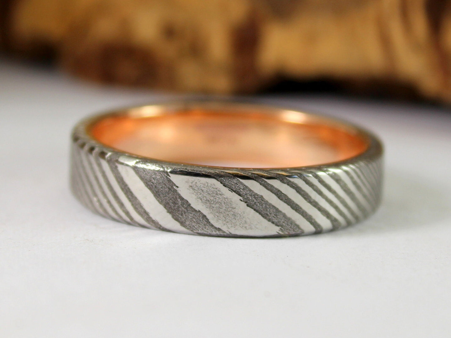 Wood Grain Damascus Steel Ring with 9ct Rose Gold Inside