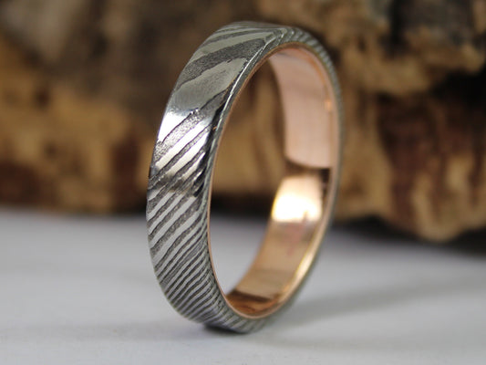 Wood Grain Damascus Steel Ring with 9ct Rose Gold Inside