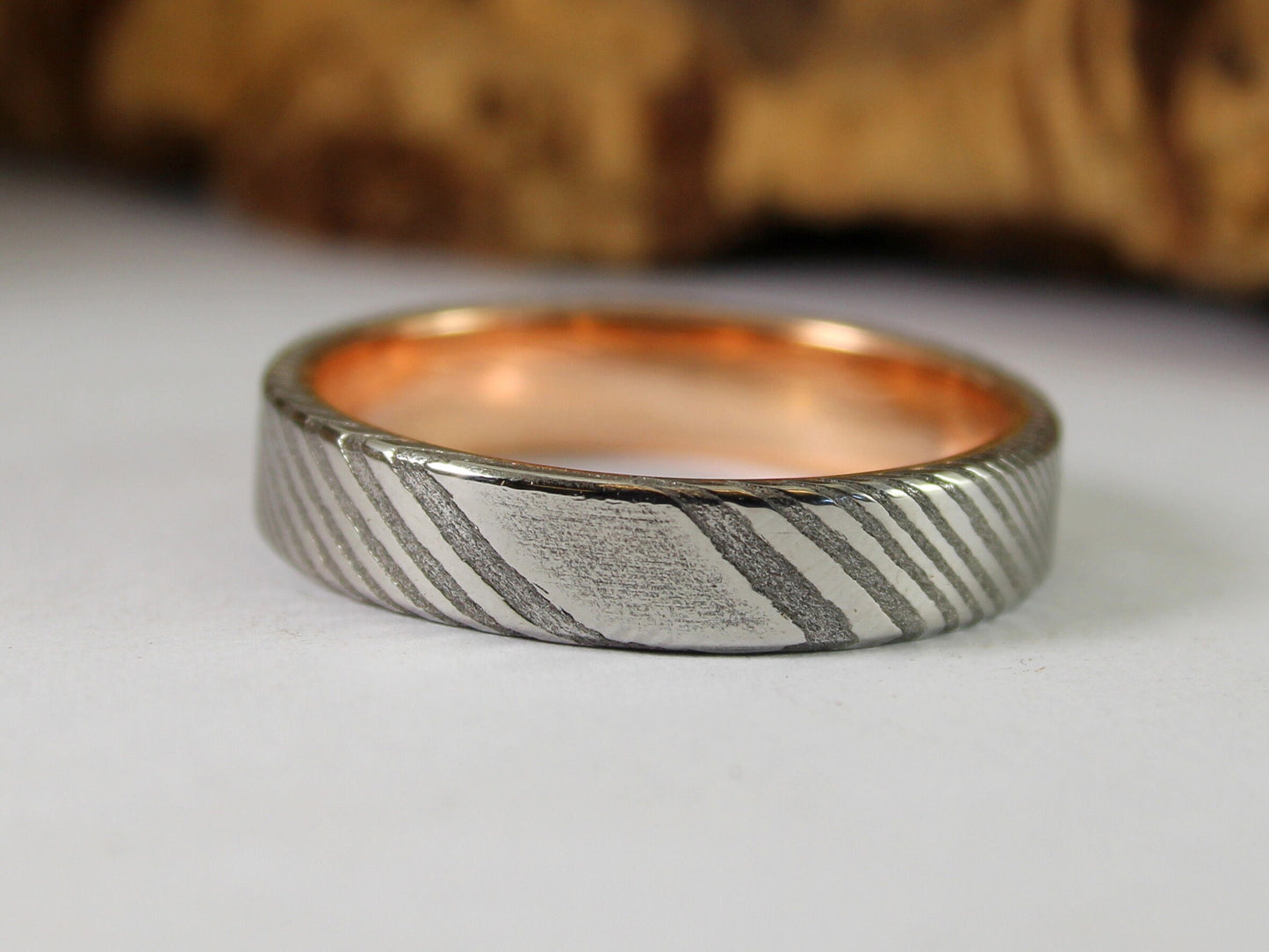 Wood Grain Damascus Steel Ring with 9ct Rose Gold Inside