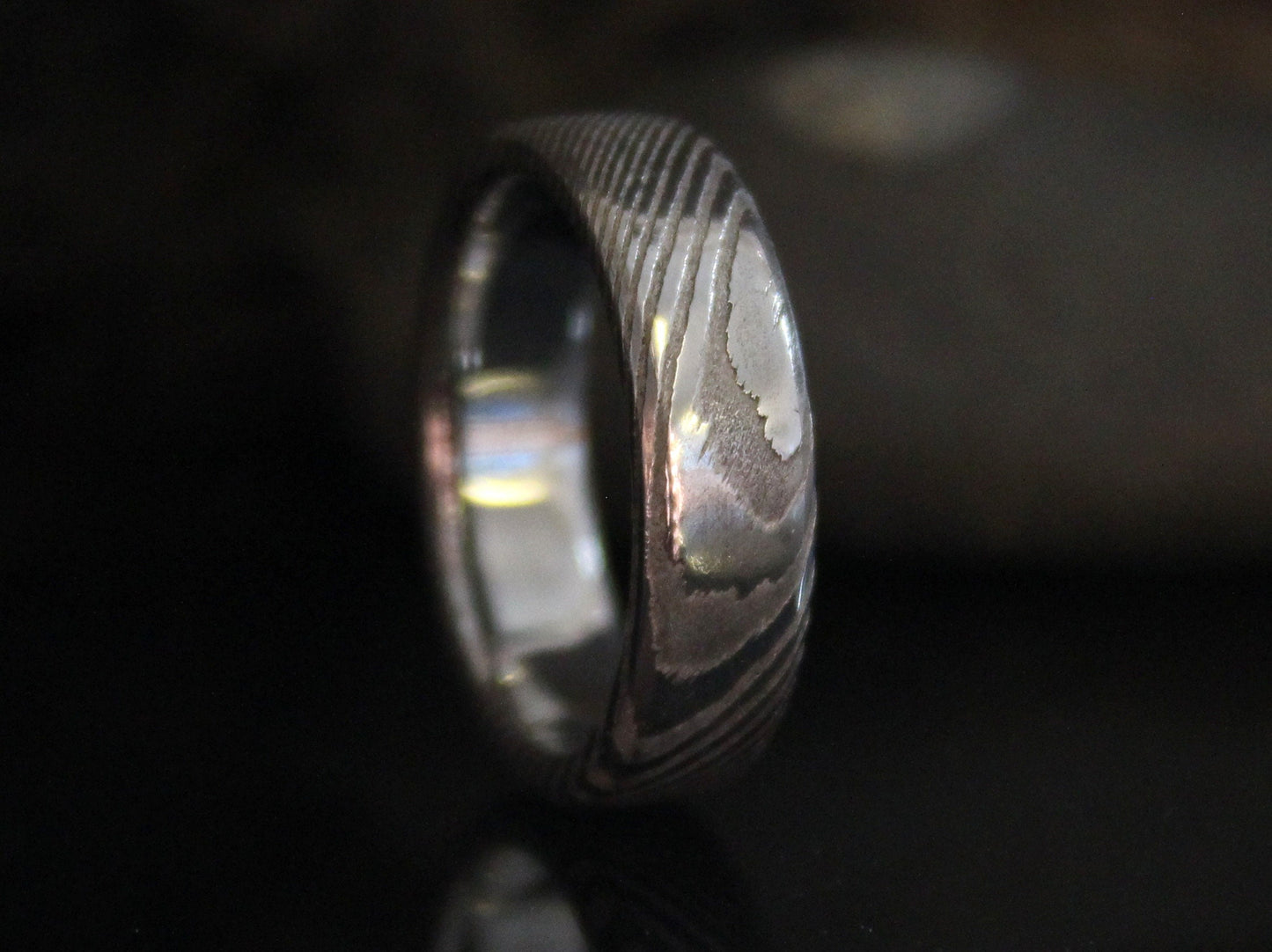 Wood Grain Damascus Steel Ring with Smooth Inside