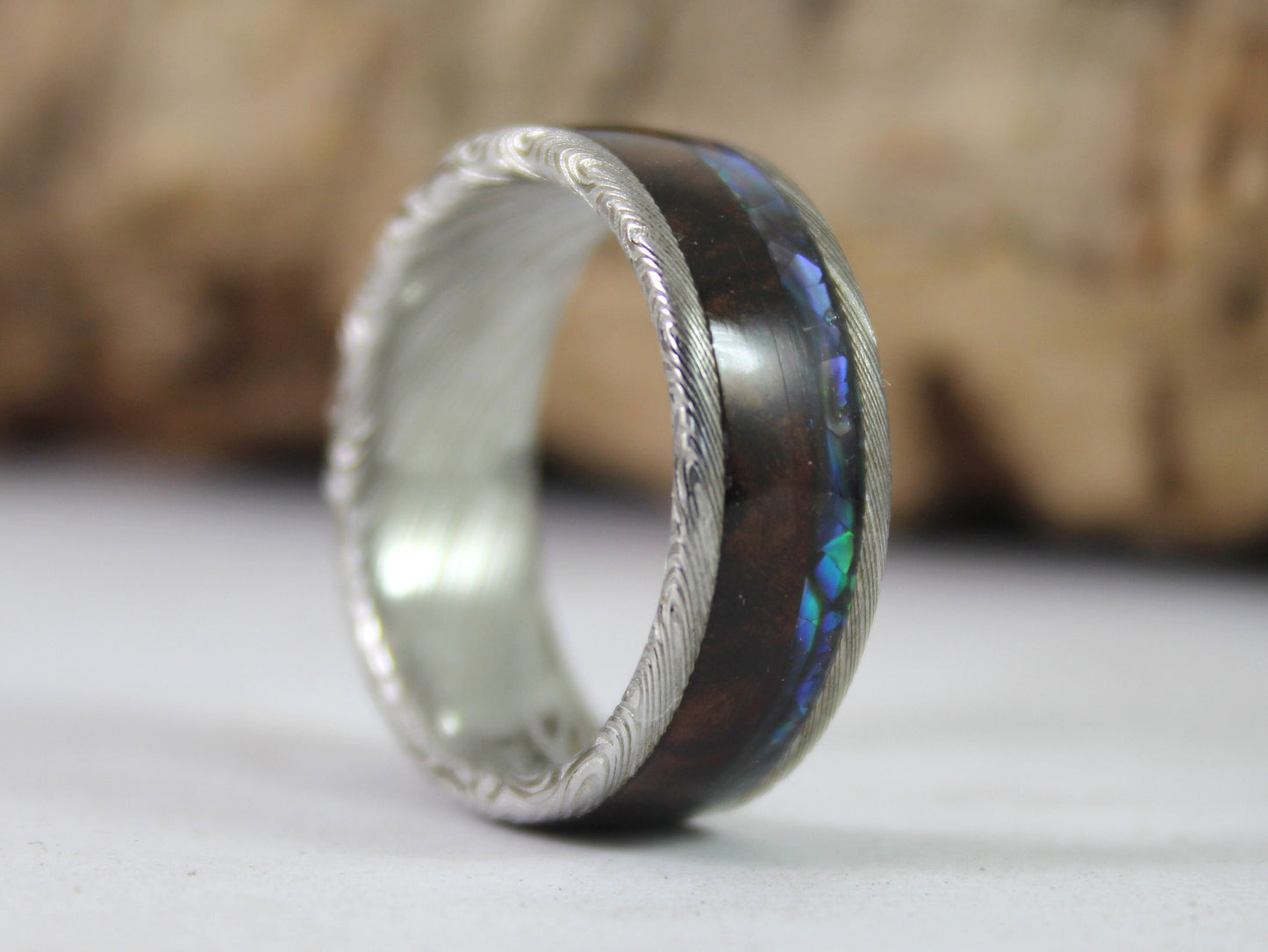 Damascus Steel Ring with Walnut and Abalone Shell