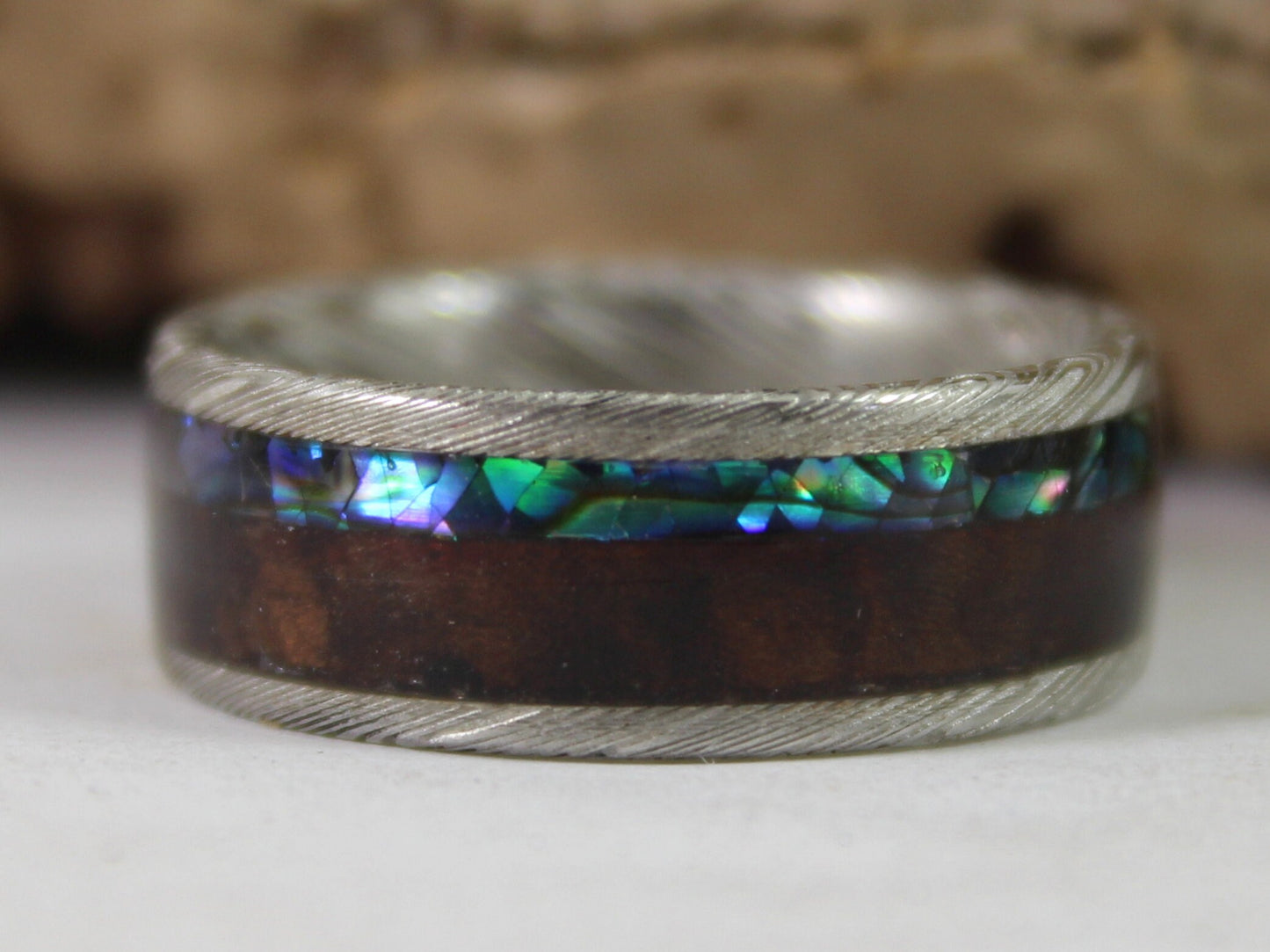 Damascus Steel Ring with Walnut and Abalone Shell