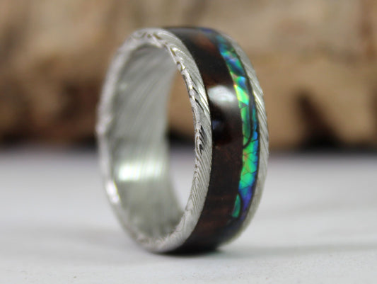 Damascus Steel Ring  with Walnut  and Abalone Shell