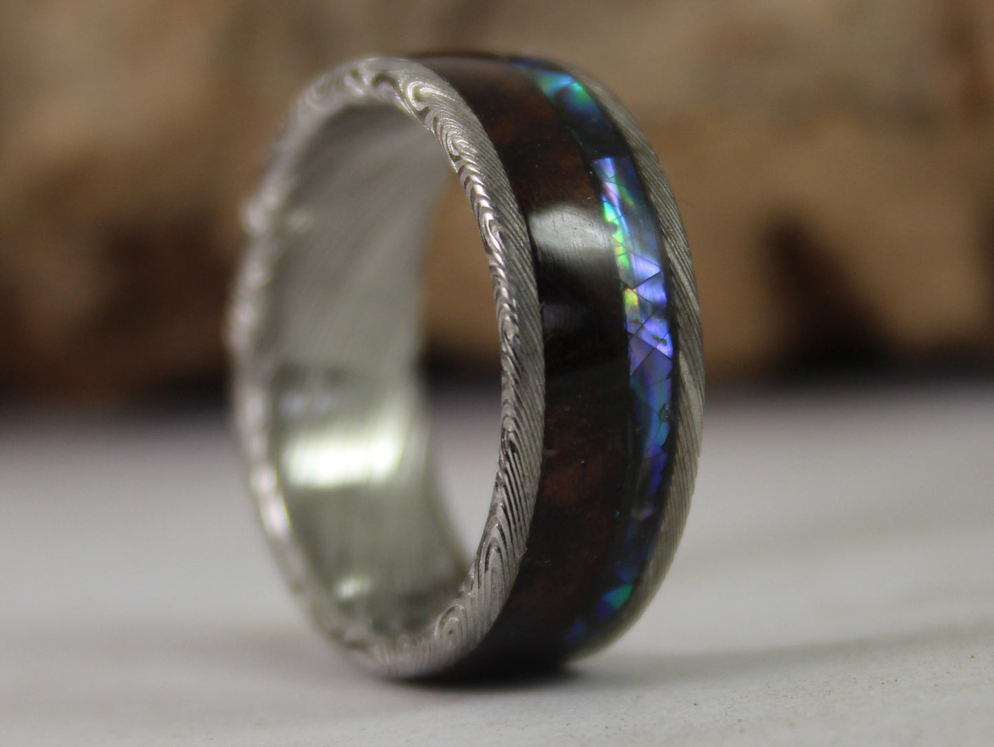 Damascus Steel Ring with Walnut and Abalone Shell