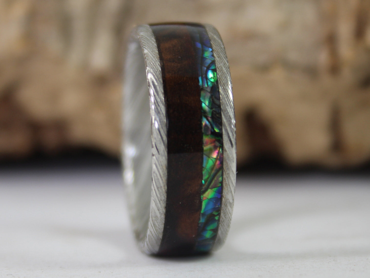 Damascus Steel Ring with Walnut and Abalone Shell