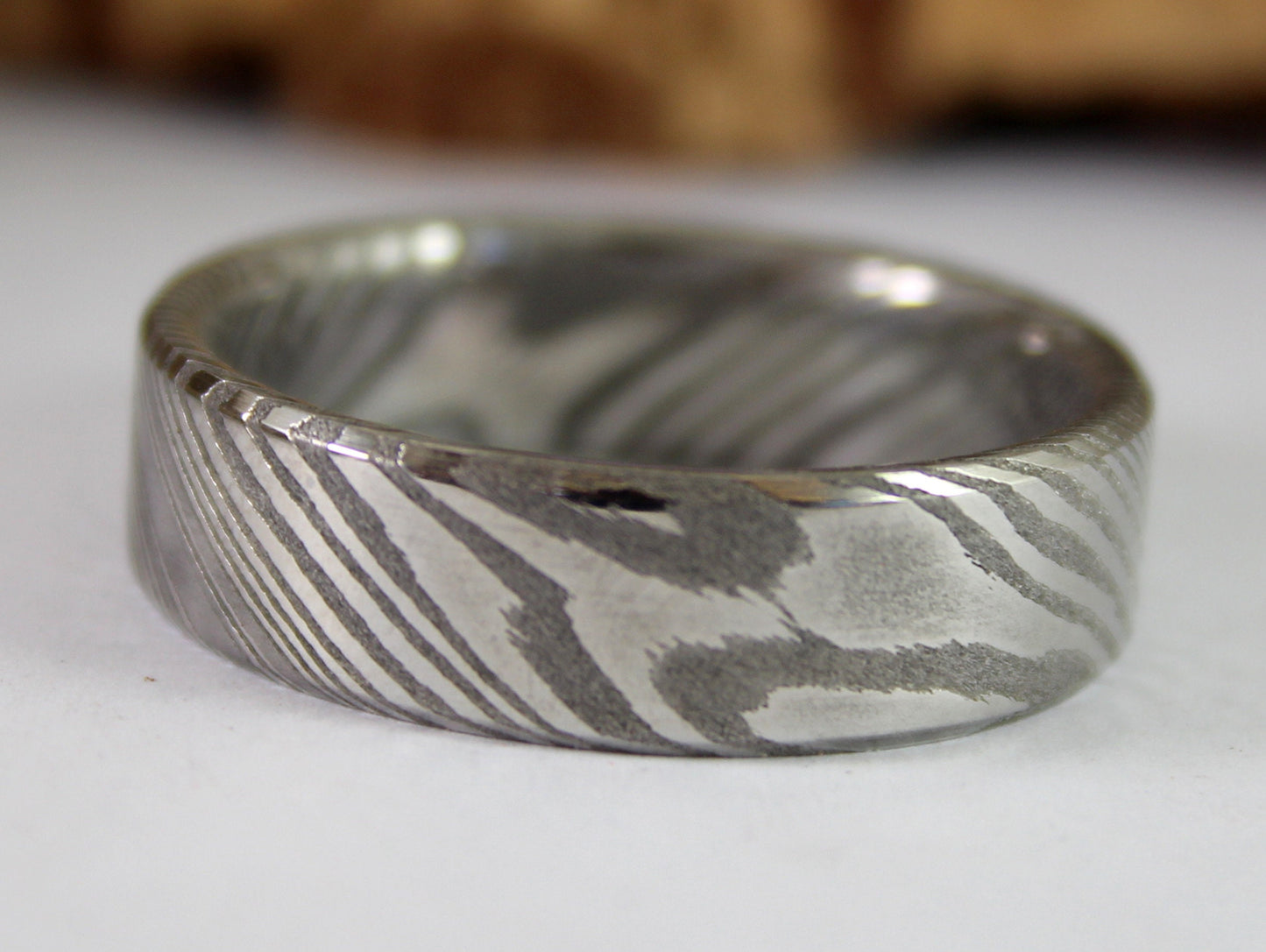 Wood Grain Damascus Steel Ring, Stainless Damascus Wedding Band