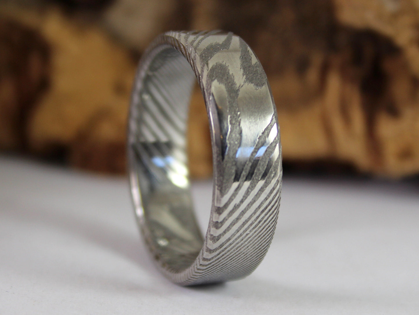Wood Grain Damascus Steel Ring, Stainless Damascus Wedding Band