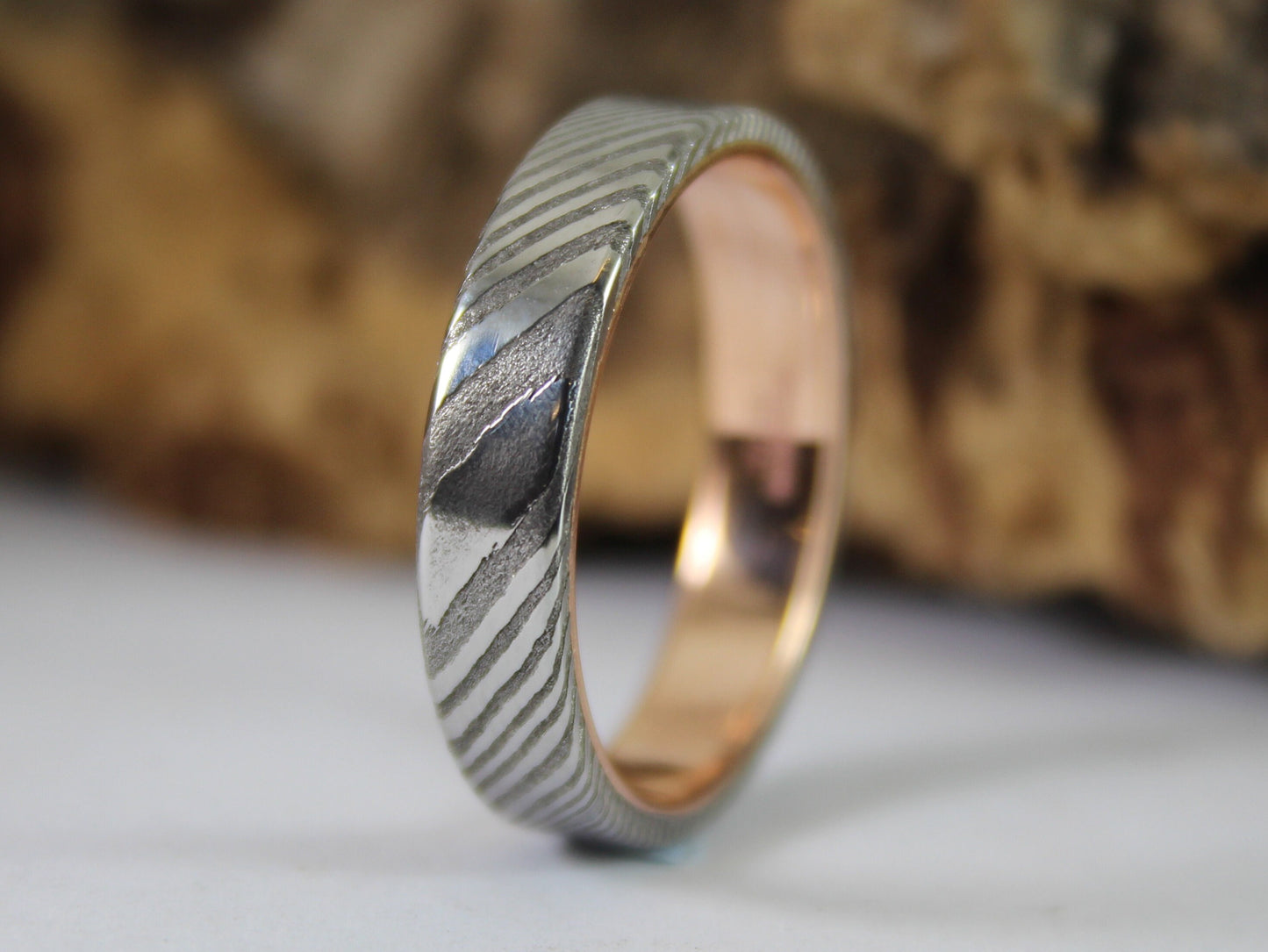 Wood Grain Damascus Steel Ring with 9ct Rose Gold Inside