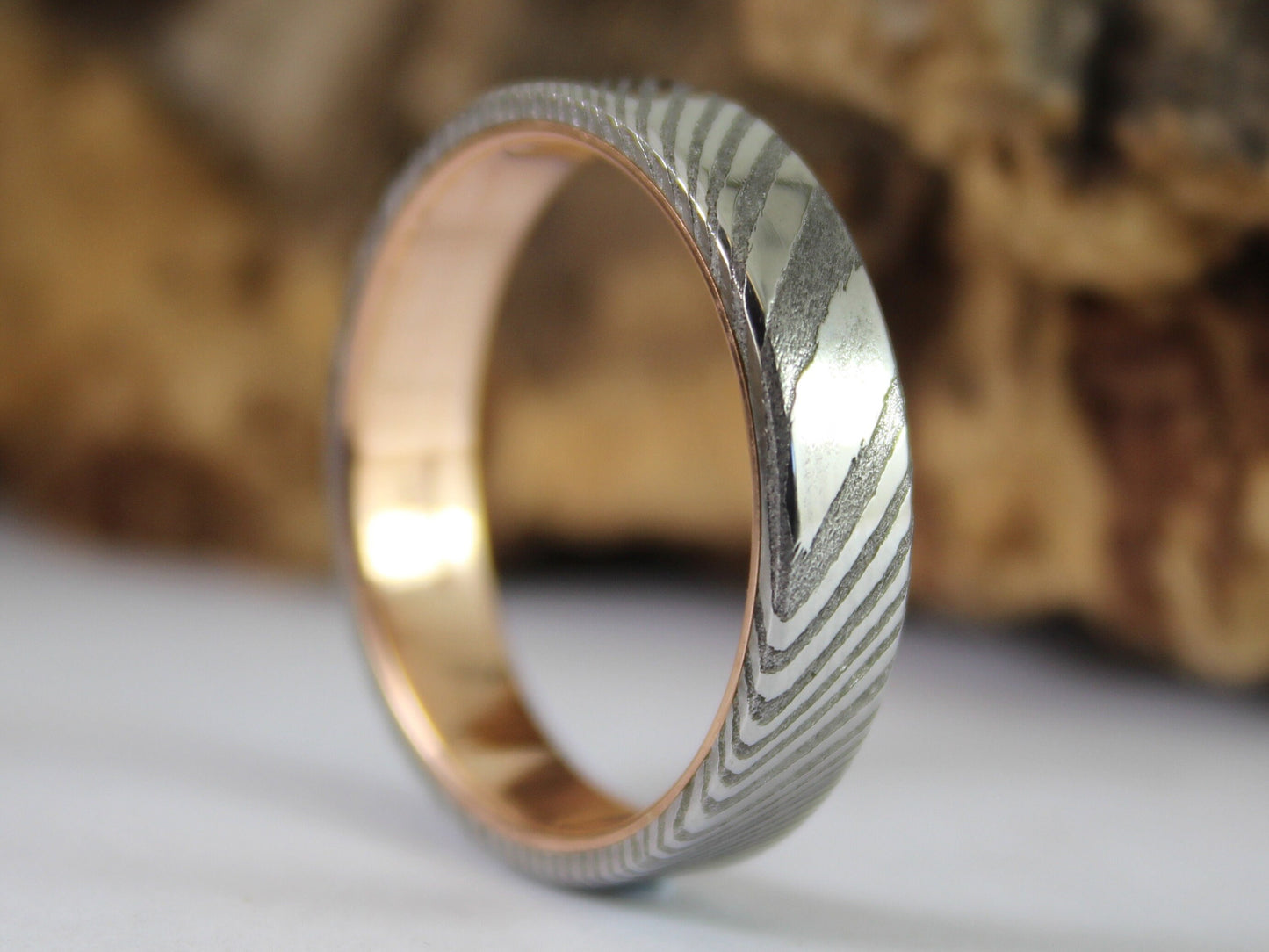 Wood Grain Damascus Steel Ring with 9ct Rose Gold Inside