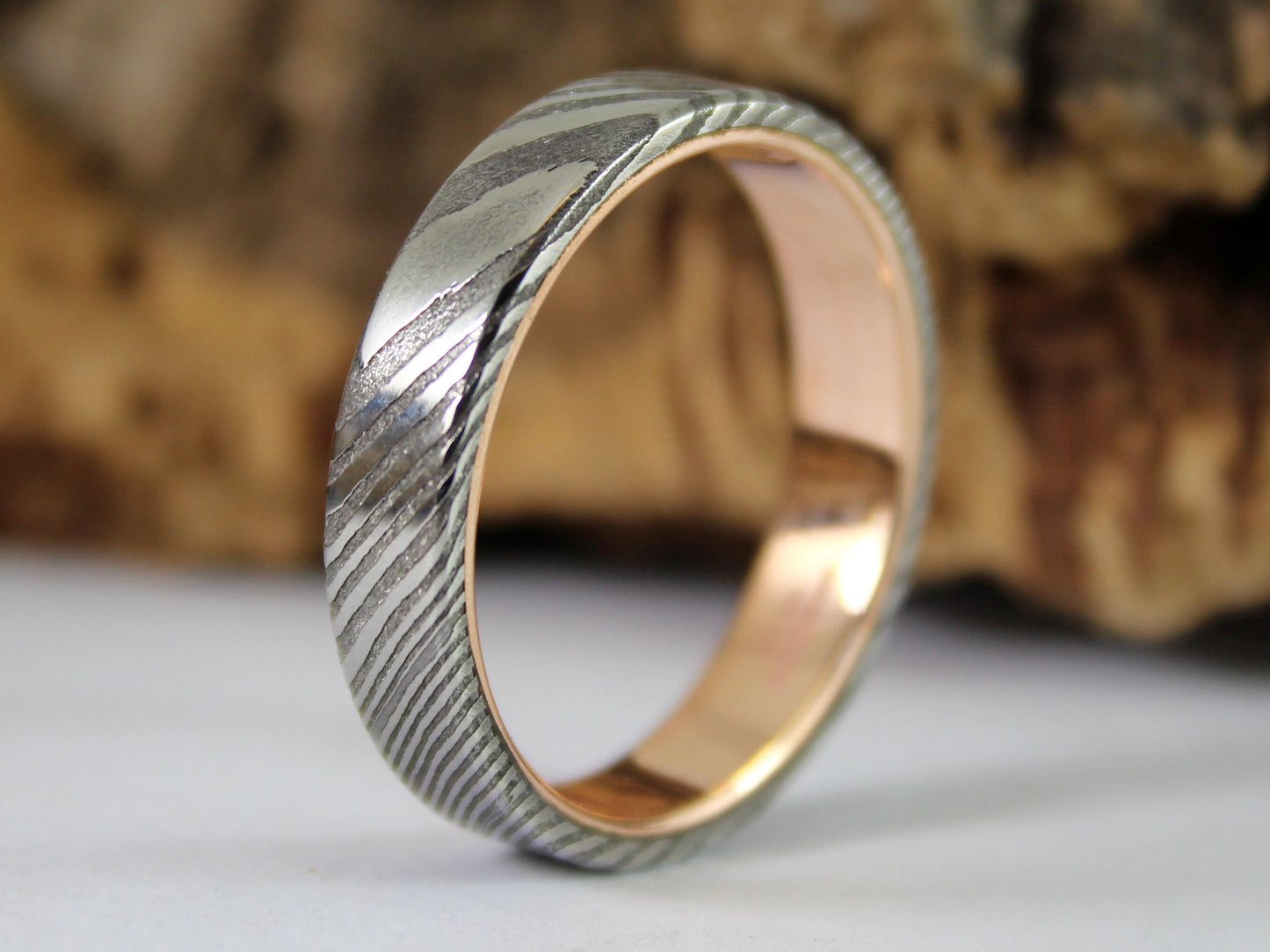 Wood Grain Damascus Steel Ring with 9ct Rose Gold Inside