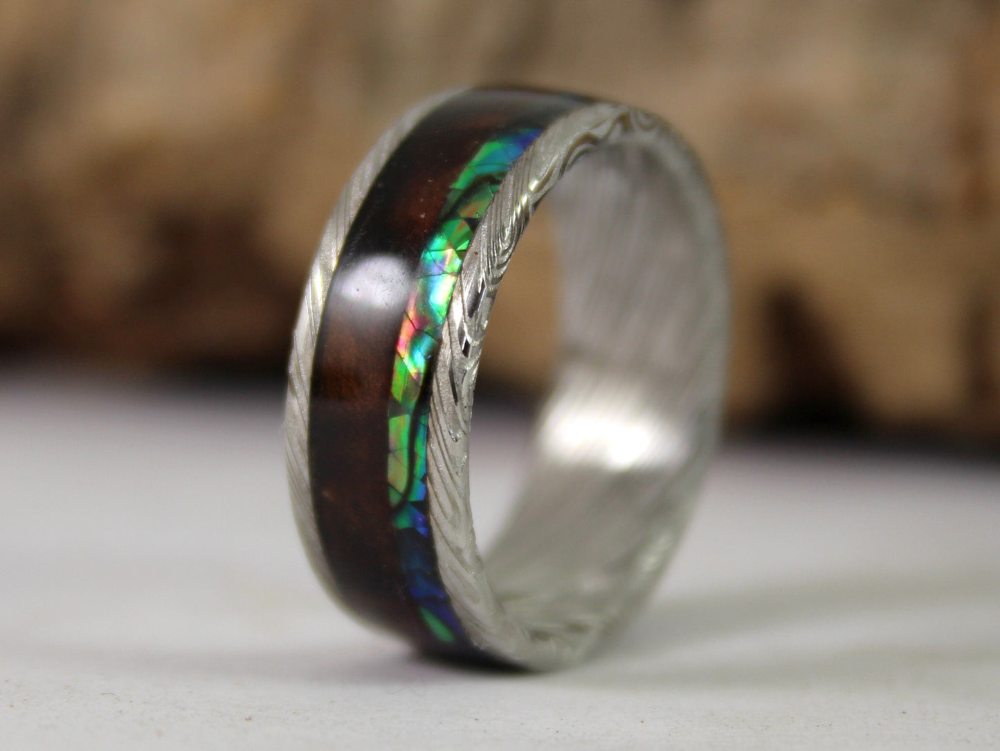 Damascus Steel Ring with Walnut and Abalone Shell