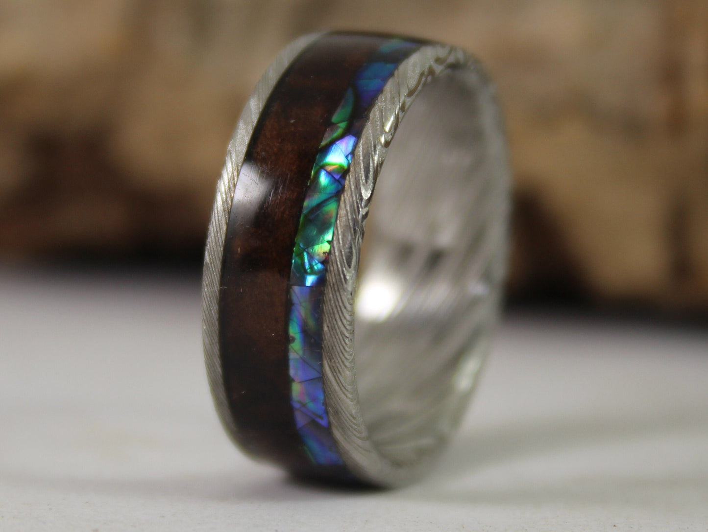 Damascus Steel Ring with Walnut and Abalone Shell
