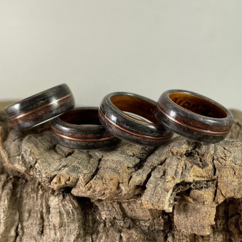 Dinosaur Bone, Meteorite and Copper Bent Wood Ring (Rosewood & Grey Maple)