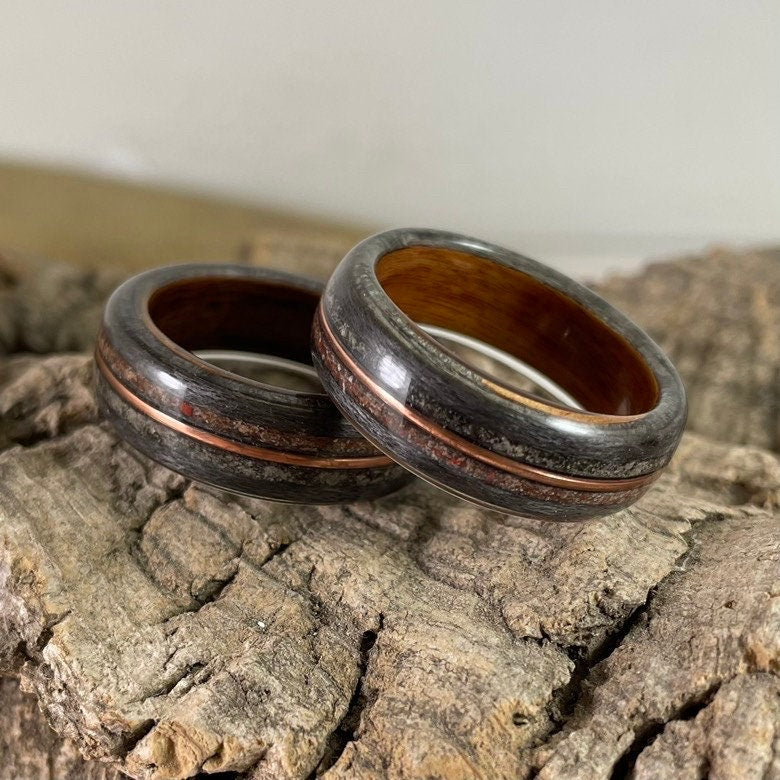Dinosaur Bone, Meteorite and Copper Bent Wood Ring (Rosewood & Grey Maple)