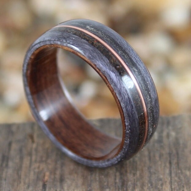 Dinosaur Bone, Meteorite and Copper Bent Wood Ring (Rosewood & Grey Maple)