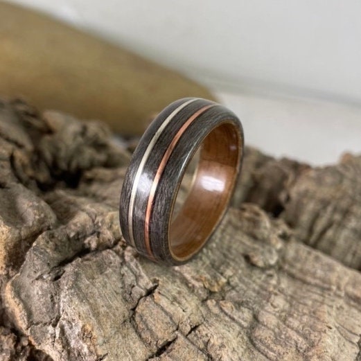 Walnut & Grey Maple with Copper and Silver Bent Wood Ring