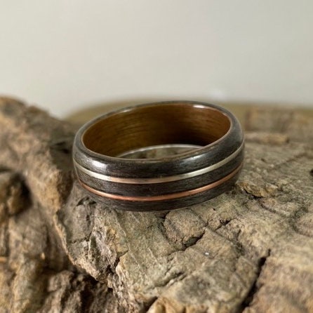 Walnut & Grey Maple with Copper and Silver Bent Wood Ring