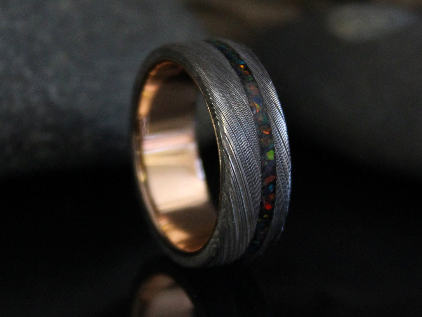 Damascus Steel Ring with Rose Gold and Black Opal