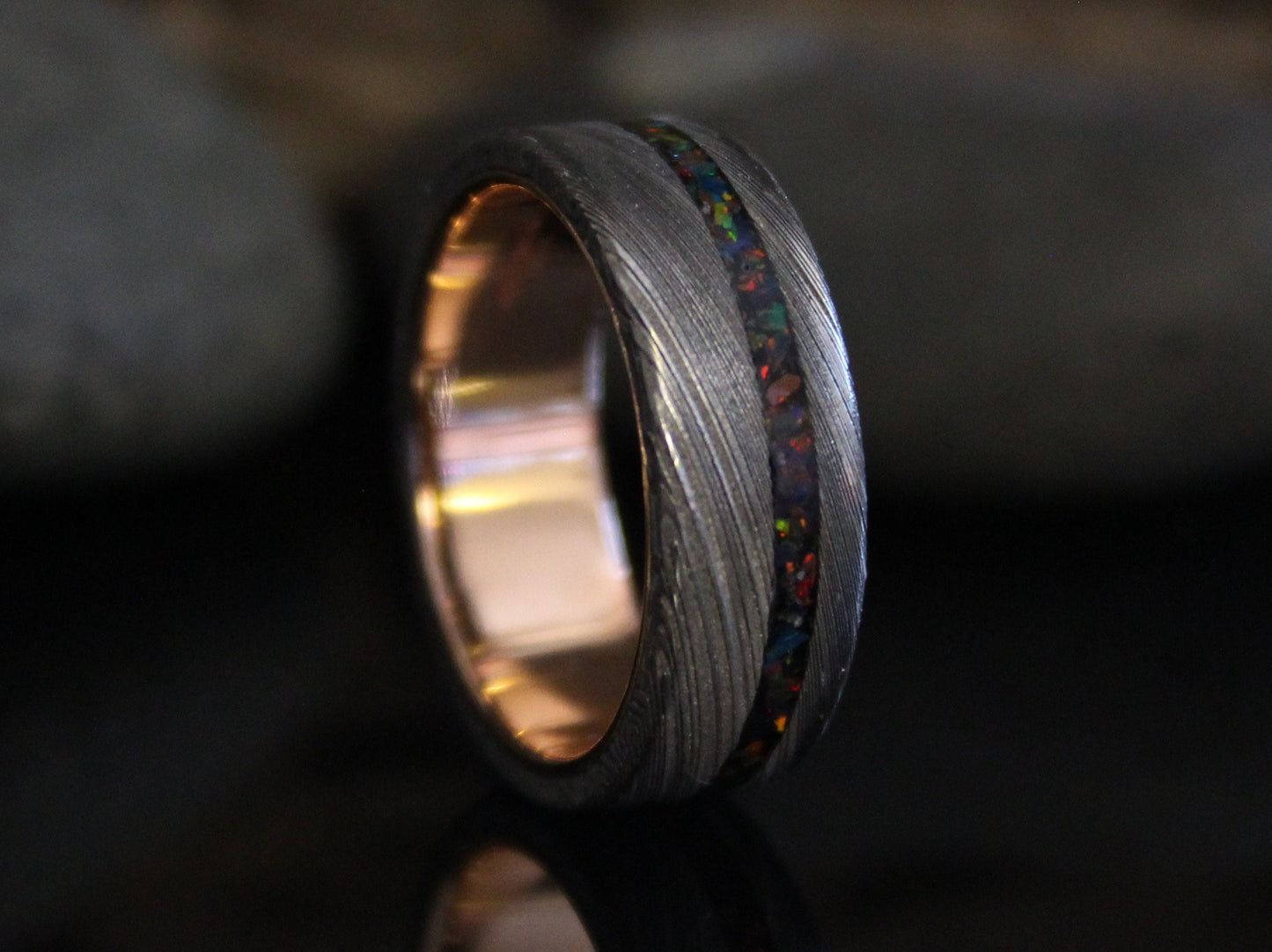 Damascus Steel Ring with Rose Gold and Black Opal
