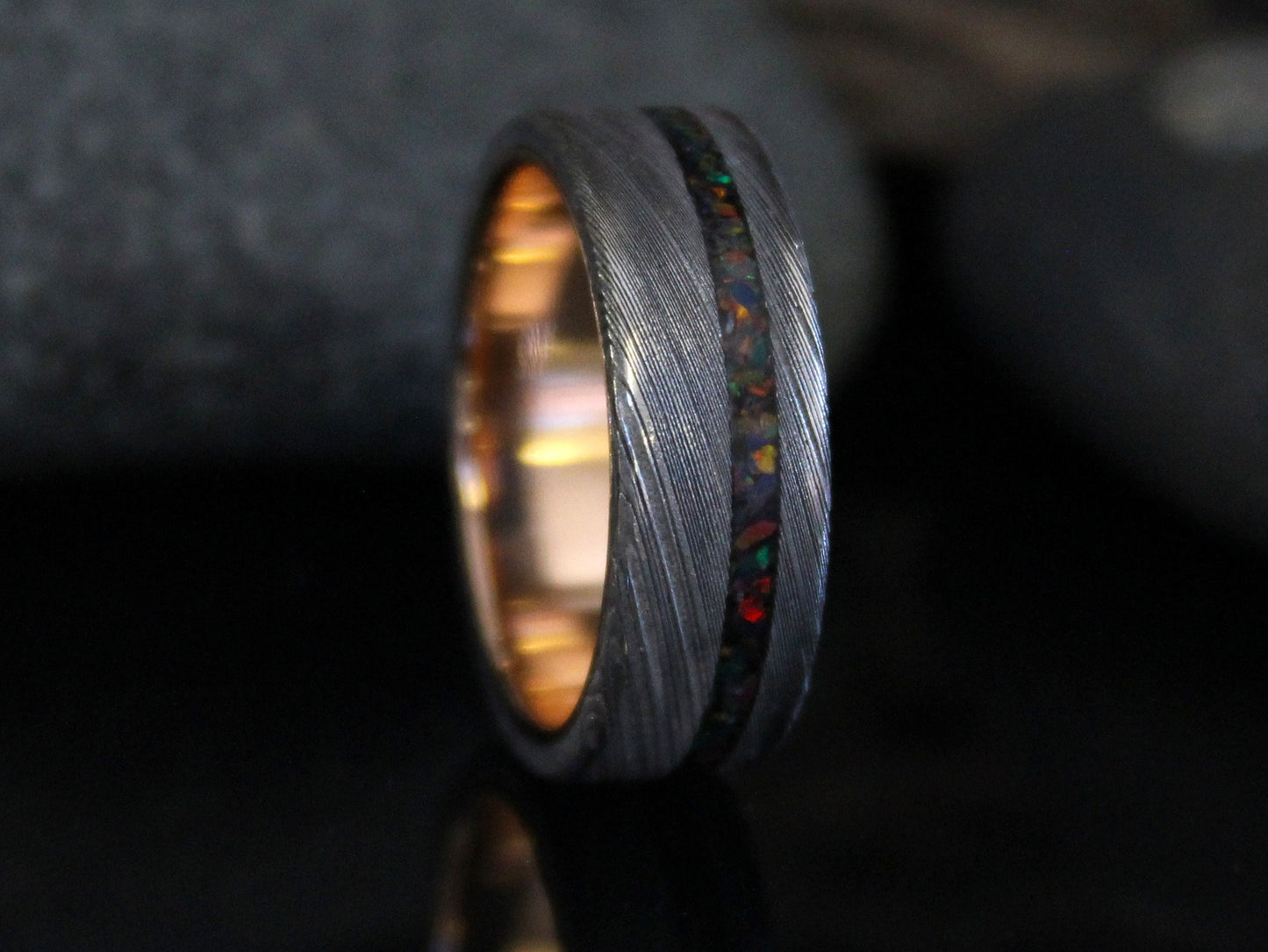 Damascus Steel Ring with Rose Gold and Black Opal