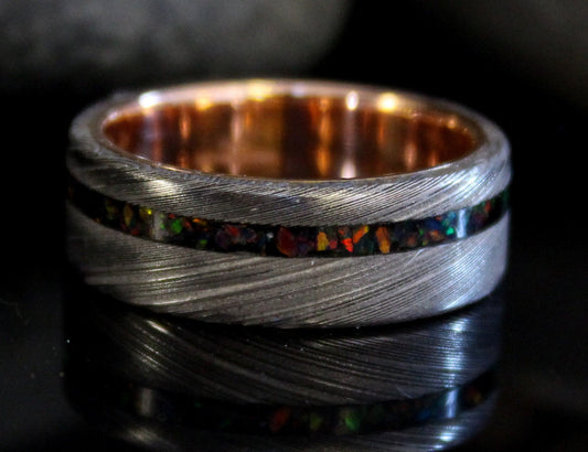 Damascus Steel Ring with Rose Gold and Black Opal